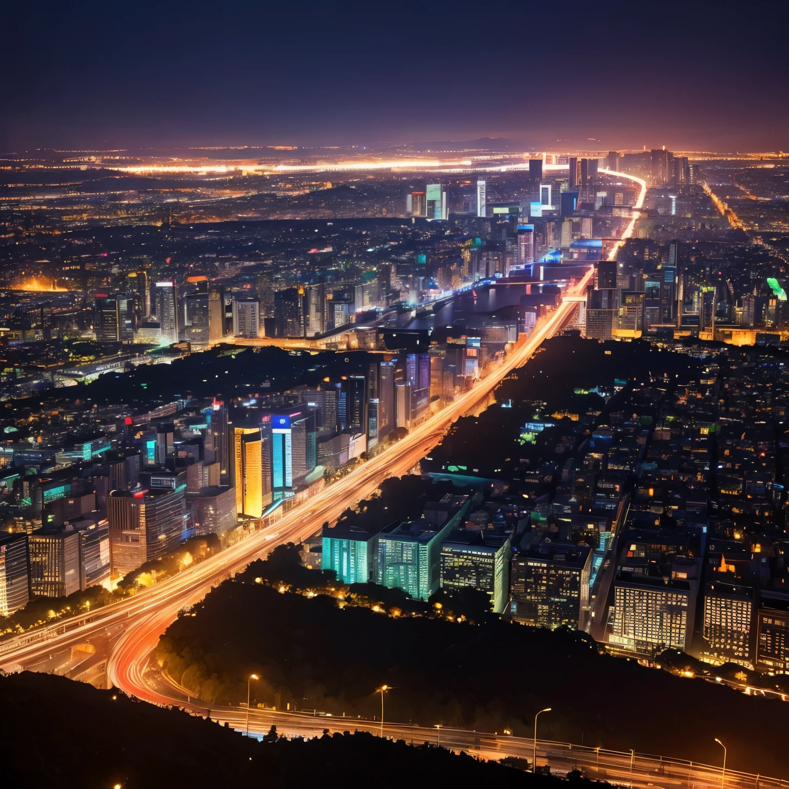 (masterpiece,best quality,ultra detailed,8k,)On a hill where you can see the cityscape with twinkling neon signs, breeze, neon signs are twinkling, car headlights flowing, sunset slightly illuminates the edge of the mountain, almost at night, stars coming out from the other side of the sunset, landscape painting