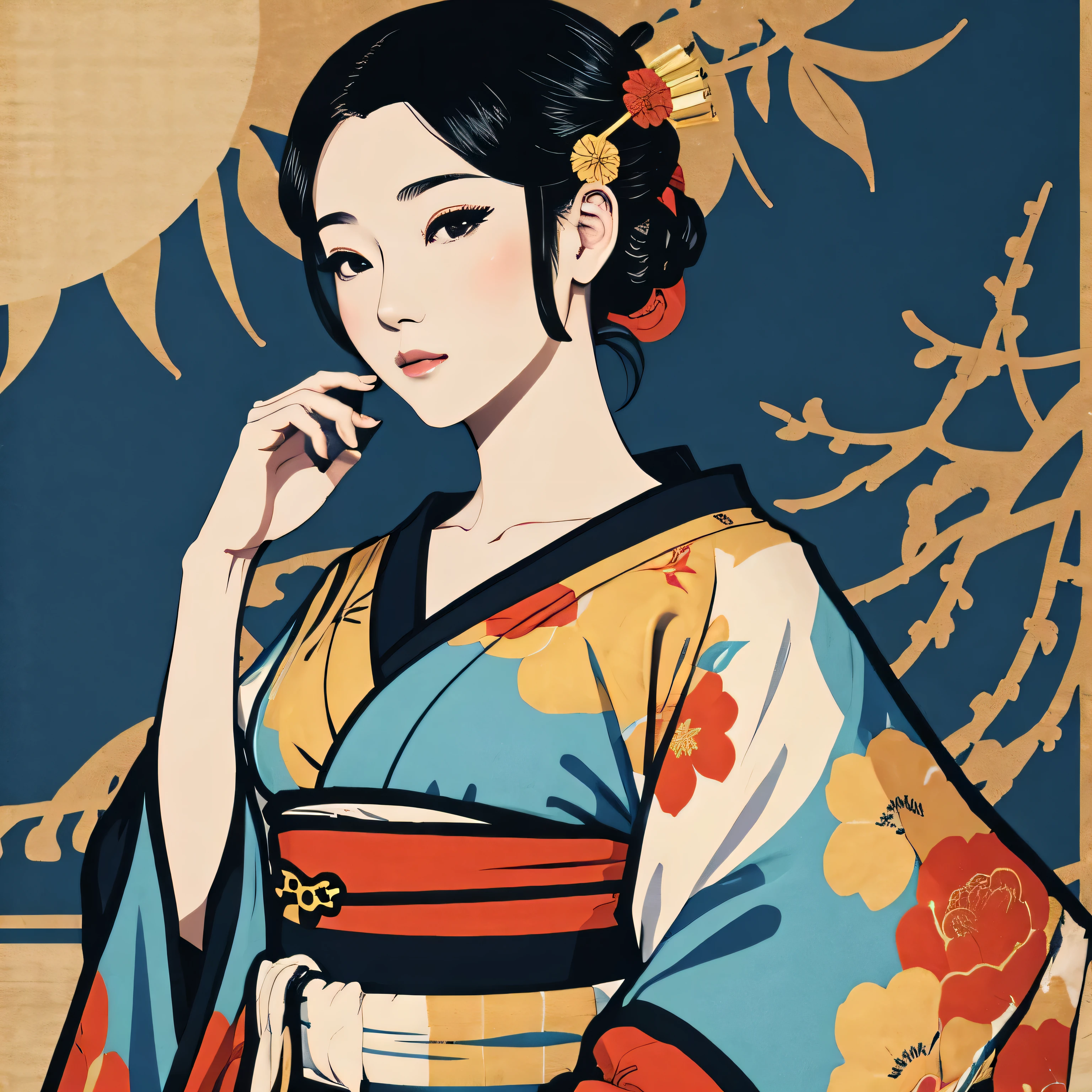 Art vintage japonais, Conception de t-shirts, art vectoriel, art plat:1,4. \\ (japonaise, en kimono, best quality, Art officiel, Beaucoup de couleurs, couleurs du japon, ukiyo-e, couleurs, d'automne , bare shoulders, belles formes,: 1.2