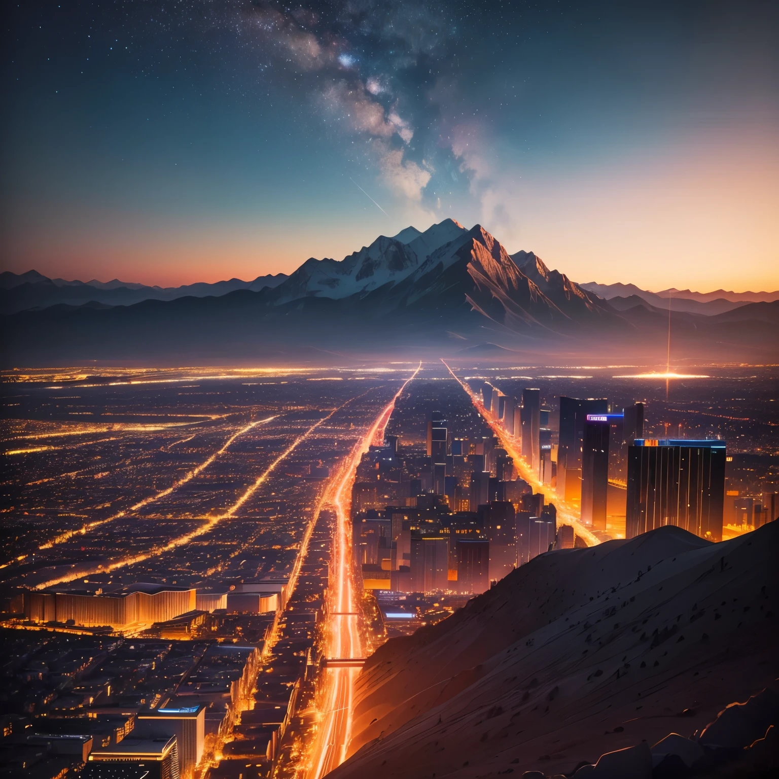 (masterpiece,best quality,ultra detailed,8k,)On a hill where you can see the cityscape with twinkling neon signs, breeze, neon signs are twinkling, car headlights flowing, sunset slightly illuminates the edge of the mountain, almost at night, stars coming out from the other side of the sunset, landscape painting