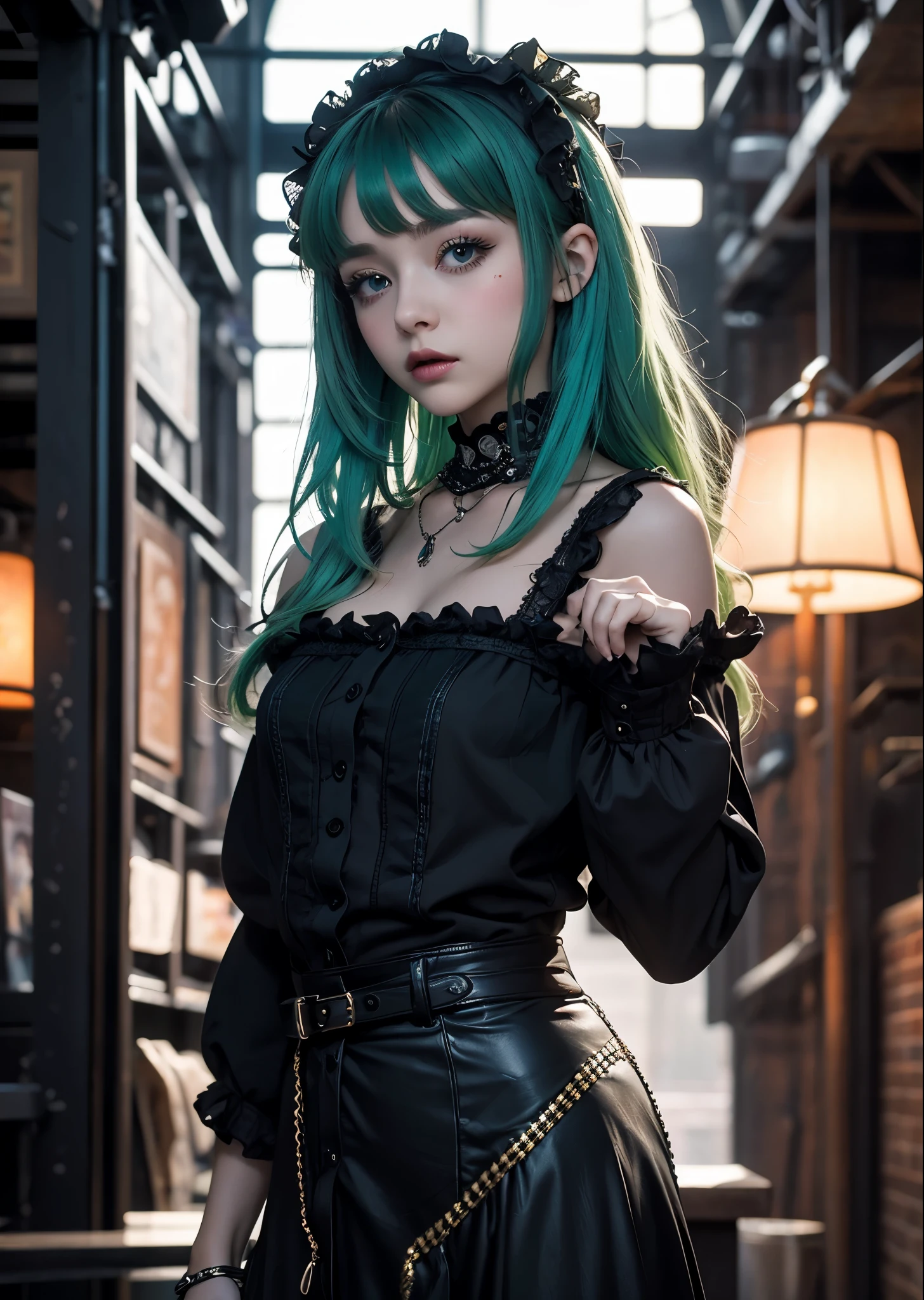 masterpiece、highest quality、Super detailed、official art、1 girl、1 boy、male and female couple、glitch art:1.5、colorful:1.5、green hair、length、Gothic Lolita Cosplay、cyber environment