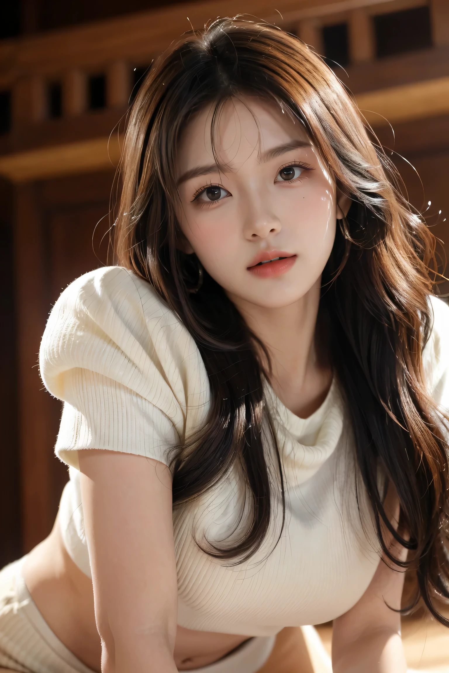 Ulchan-6500-v1.1, (RAW photo:1.2), (realistic:1.4), beautiful detailed girl, That's ridiculous, incredibly ridiculous, huge file size, High resolution,1 girl, , ((Super detailed)), ((dynamic pose))), (camel toe), (half), (open your mouth)),((Drooping eyes)),((round face)),((curl inside hair)), ((close up face)))、