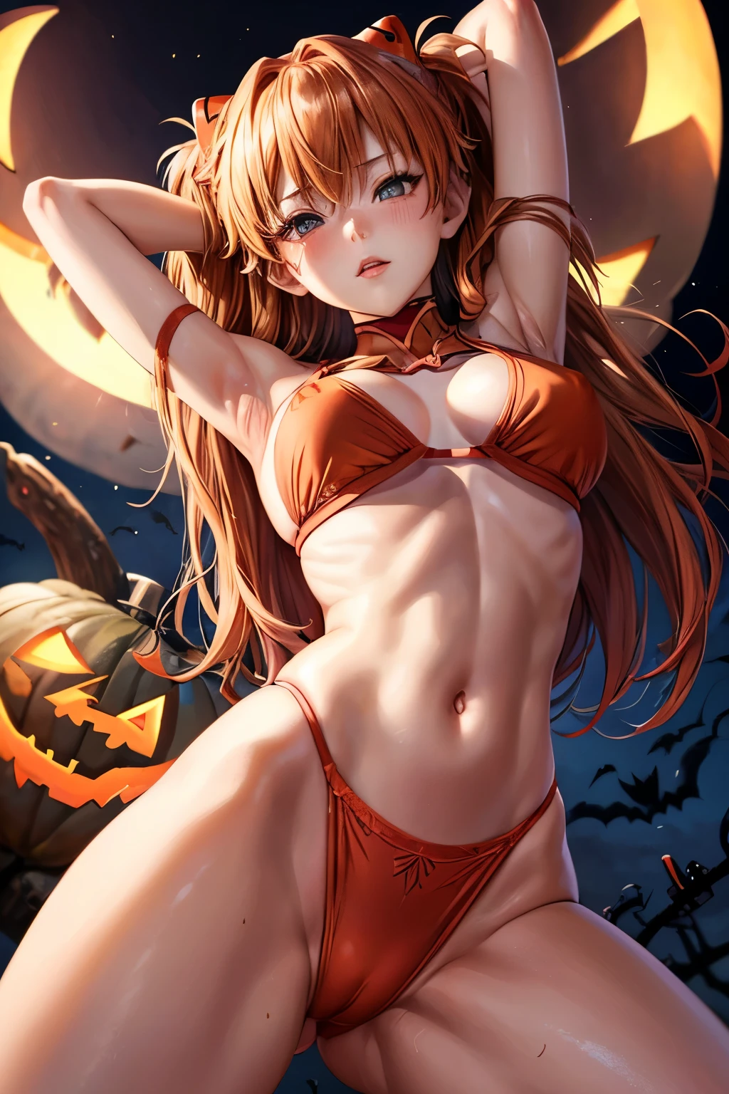 (((Soryu Asuka Langley))),  (highest quality, High resolution:1.2), ,(nsfw:1.3)、(((from below)))、((girl trembling with sexual climax))、(((halloween costume)))、 dense and beautiful lips, highly detailed eyes and face, long eyelashes, Moderate:oil, Bright colors, HDR, studio lighting, Ultra-fine painting, sharp focus, Physically based rendering, extreme details, portrait, curved body, perfect shape,  displayed in full frame, lace sexy underwear,doll、