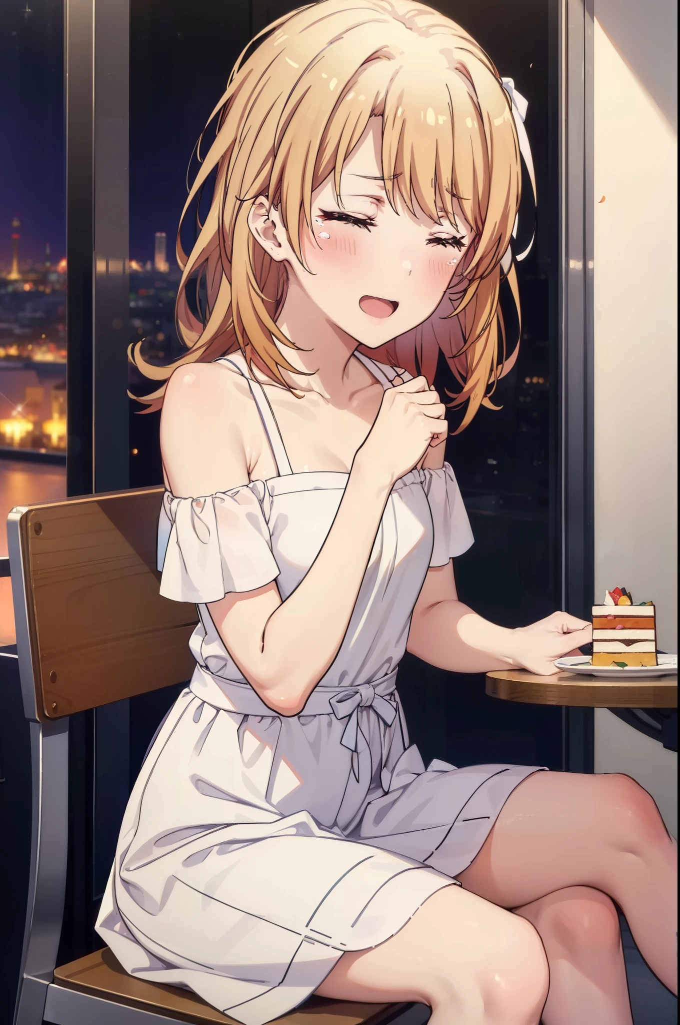 irohaisshiki, iroha isshiki, long hair, brown hair, smile,blush,open your mouth,close both eyes,tears run down her face,Crying with joy,cry a lot,white off shoulder dress,bare clavicle,bare shoulders,naked neck,long skirt,stiletto heels,A large cake and food are placed on the table.,sitting in a chair,confetti,ロマンチックな雰囲気
break indoors, A restaurant with a beautiful night view,
break looking at viewer,
break (masterpiece:1.2), highest quality, High resolution, unity 8k wallpaper, (figure:0.8),  highly detailed face, perfect lighting, Very detailed CG, (perfect hands, perfect anatomy),