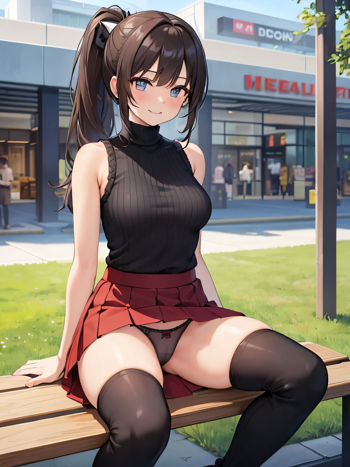 (masterpiece, top quality, high resolution, realistic photos, realistic looking skin:1.1),
(The woman is sitting on a bench in a shopping mall:1.8),
(She is sitting with her legs closed: 1.8),
(Her skirt is so short that you can almost see her panties: 1.8),
(Please use a panty shot of a woman looking straight ahead:1.8),
(Grinning and smiling expression:1.5),
(She is wearing a bright red sleeveless turtleneck knit:1.8),
(She is wearing a dark gray flared mini skirt:1.8),
(She is wearing black, middle boots:1.8),
(Panties are a loud color pattern:1.2),
(She wears panties tightly: 1.8),
(brown hair in a middle ponytail:1.5),
(small face:1.5),
(D-cup breasts:1.5),
(Location: bench in shopping mall:1.5),
1 Japanese girl, solo, full-bodied esbian, beautiful eyes, sparkling eyes, NSFW