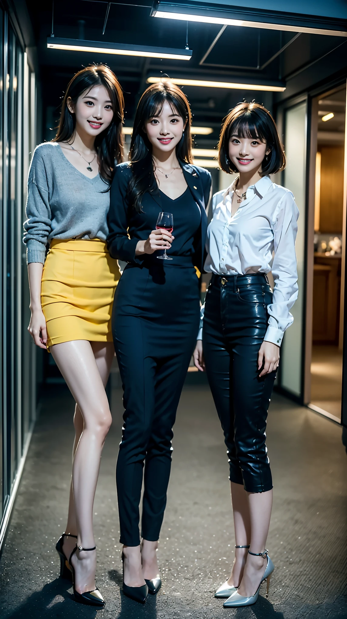 (highest quality, masterpiece, realistic, Super detailed, ultra high resolution, to be born:1.3), (3 girls:1.5), beautiful, Japanese, mature, 28yo, office workers, (tight knit, short skirt、I can see your pants), ({money| Silver| wine-red| navy| pink| yellow green| violet| sky blue} Clothes), (smile), (bangs), high waist, necklace, (office, indoor, glass room), (long legs, high heels, full body:1.2), (Medium chest:1.3), (crowd)