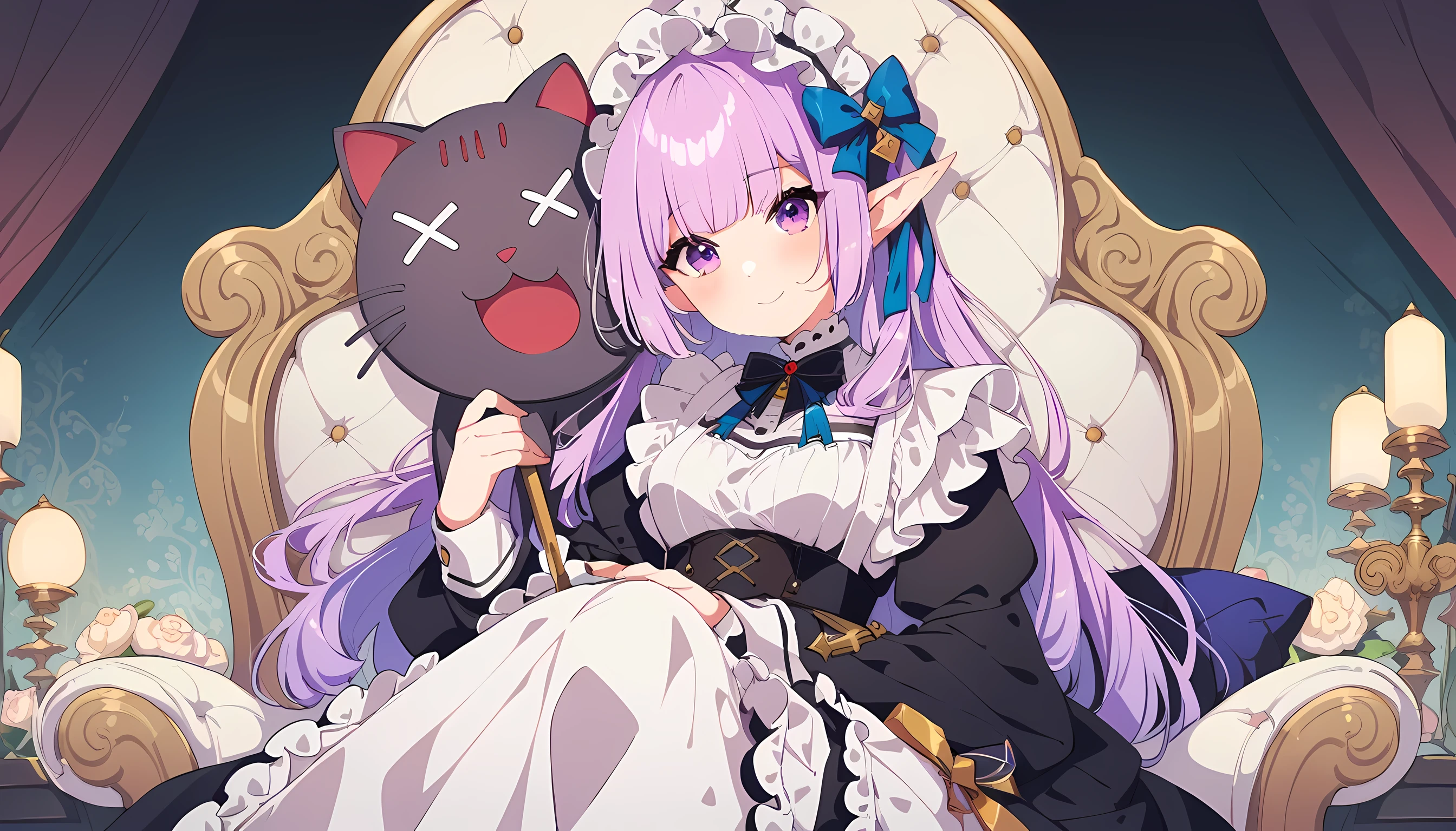 a beautiful woman, (elf queen:1.4) sit on the throne,(neko maid outfit:1.8) ,(perfect face:1.5),victorian era, noble dress, intricate decoration, spelling, explain, Smile,soft rim light,masterpiece, ultra high resolution, high quality, 4K