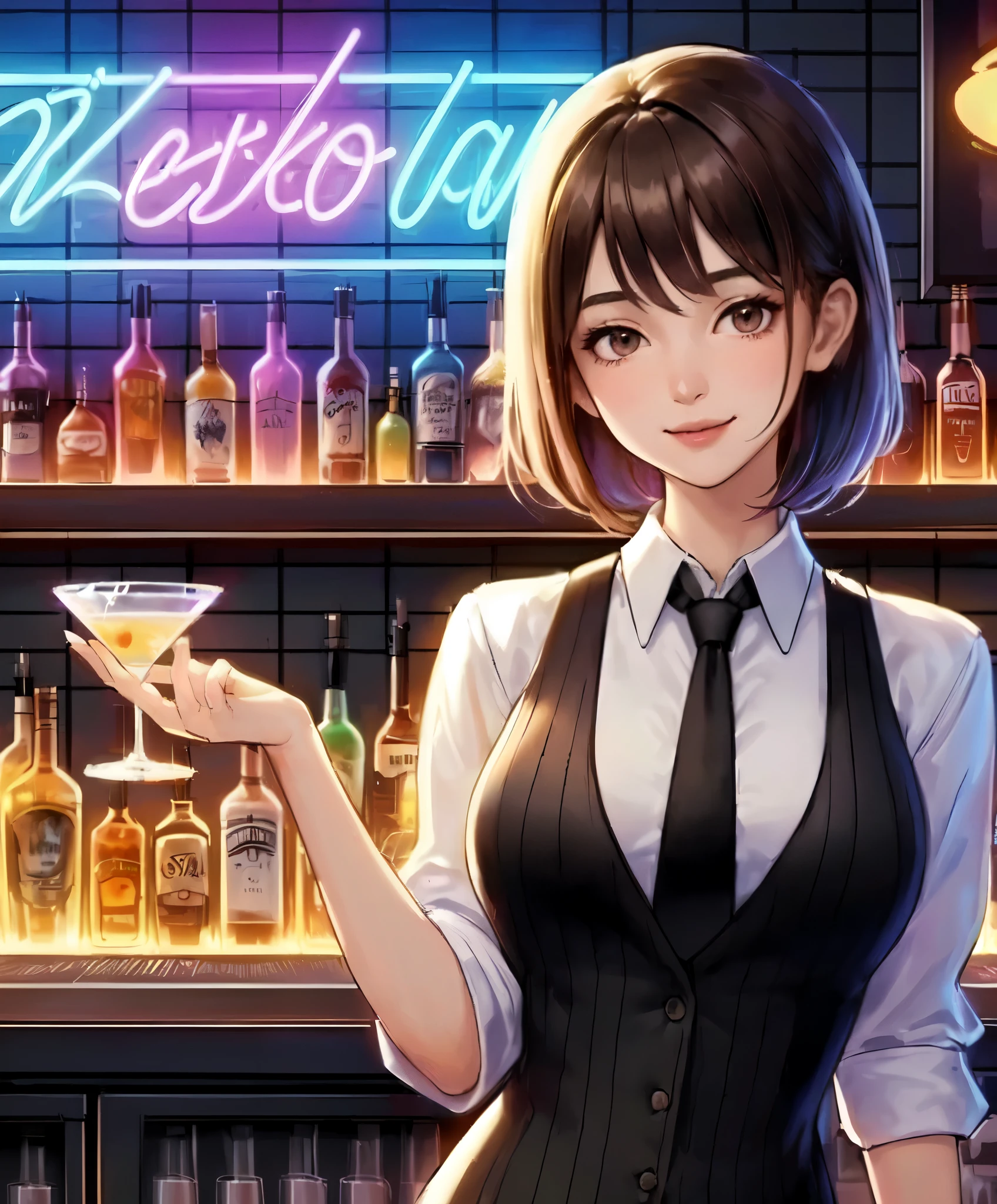 1lady standing, (holding up cocktail glass) (presenting cocktail glass toward viewers), bartender, (black vest over white dress shirt) tie, stylish outfit, mature female, /(black hair/), kind smile, (masterpiece best quality:1.2) delicate illustration ultra-detailed, medium breasts BREAK ((colorful neon signs:1.2 on wall), (neon tube) glowing BREAK (fashionable bar counter) indoors, ((cocktail glass) filled with colorful liquor), (dimly lit room), liquor bottles, detailed background