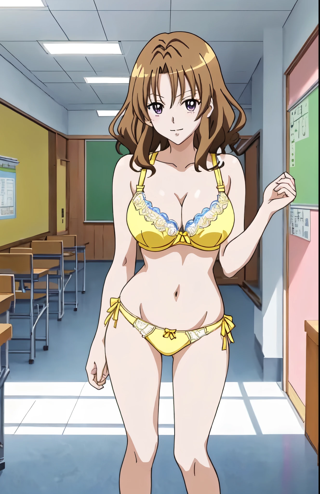 anime girl in a yellow bra with a purple bow and yellow panty、Woman with short brown hair、Brown-eyed woman、wavy hair、seductive anime woman、clothing:yellow bra、yellow panties、tall woman、sexy atmosphere、anime moe art style、big breasts、woman with very large breasts、(anime girl)、attractive anime girl、naughty anime style、Beautiful charming anime teen、Smooth anime CG art、school classroom、indoor、cleavage、bra with an yellow、panty with an yellow、whole body、a girl is standing、digital anime art!!、female focus、perfect body、pretty anime girl、full body、anime best girl、solo、underwear only、Bra and panties only、8k!!、High resolution!!、