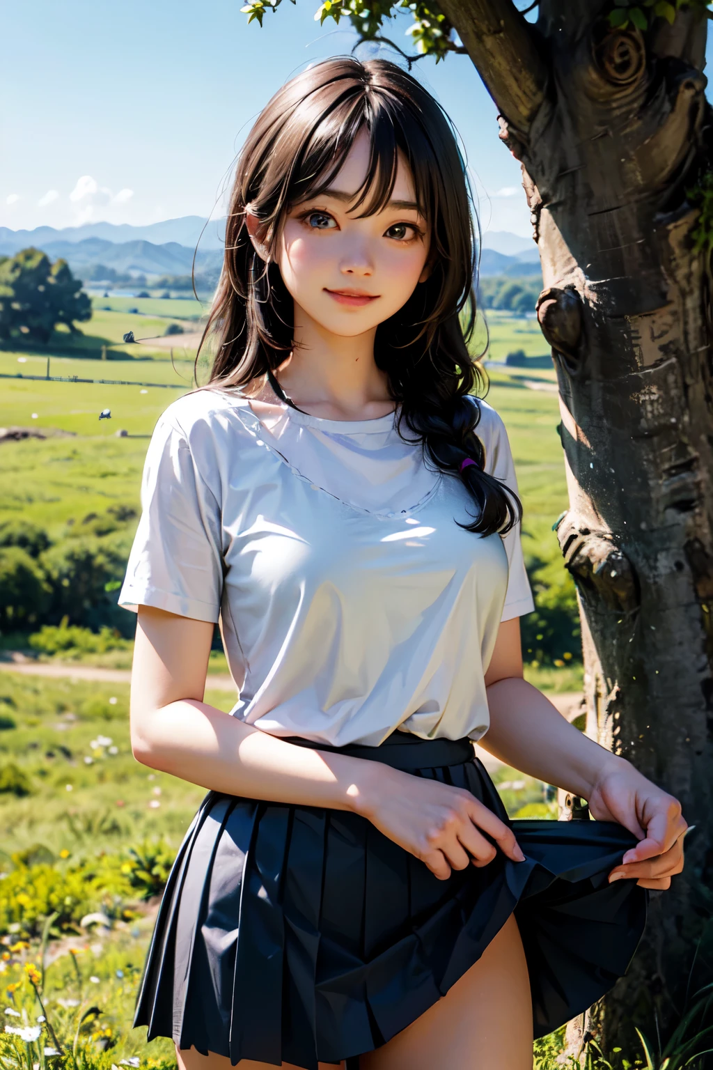 8k, Raw photo, highest quality, masterpiece:1.2), masterpiece, highest quality, figure, Very detailed, Fine details, High resolution, 8k,wallpaper, Perfect dynamic composition,(Detailed high quality, Realistic depiction of eyes:1.3)、A woman who has been and has her hands tied、Arms wrapped around his back, hands tie behind back, Leaning against a large tree on the shore of a beautiful lake、 With legs wide open、Tartan plaid pleated skirt、whole body、White panties、The whole thing faces forward、21talent、Beauty、Well-formed face、Make your eyes even、Large sagging eyes、Beautiful black hair、Has bangedium build、Well-balanced proportions、Beautiful legs、Blue Short Sleeve Blouse、Fresh face、Beautiful scenery、