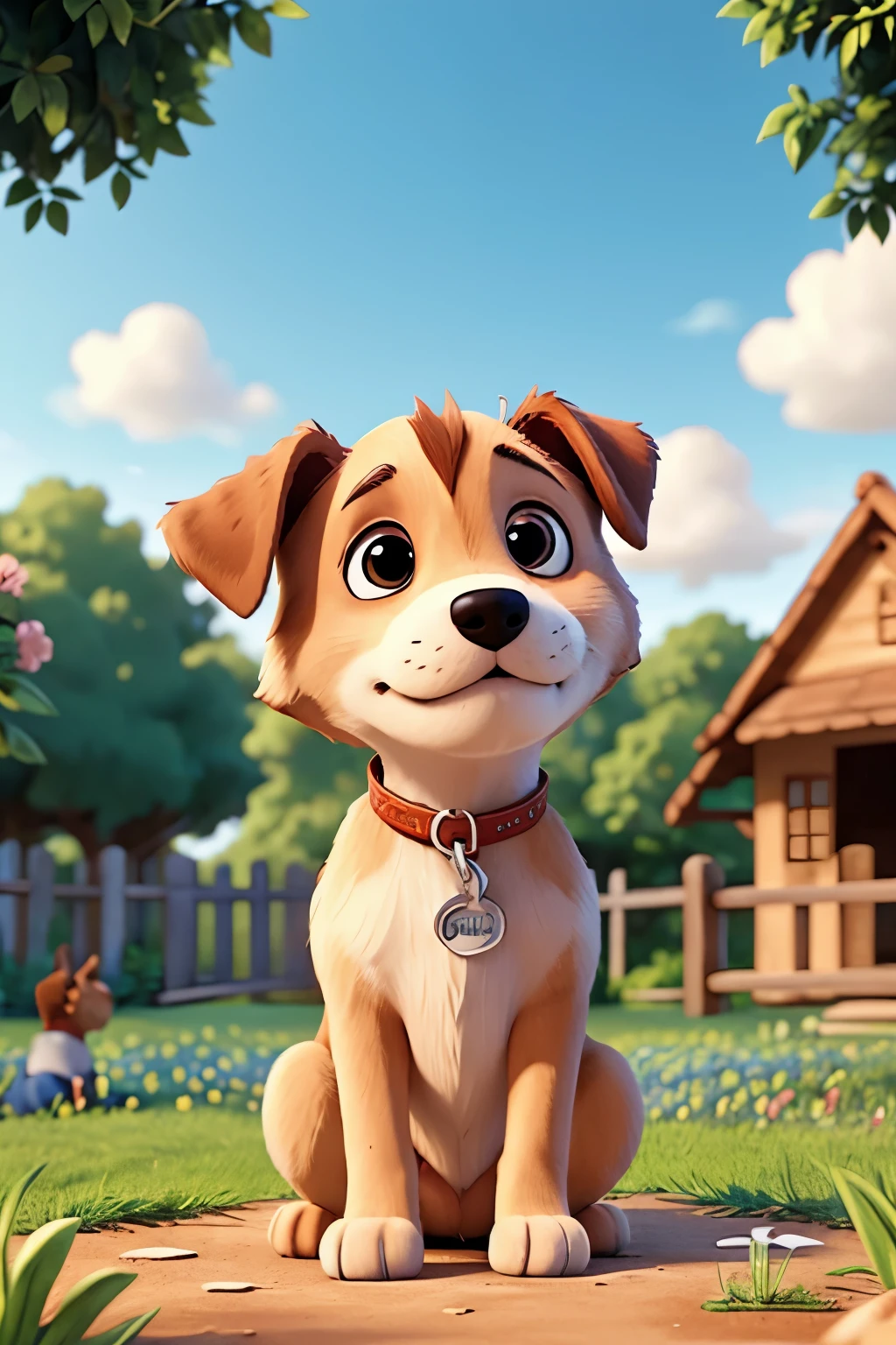 Illustration of a sad and lonely puppy sitting in a garden , looking away and observing some children who are playing.