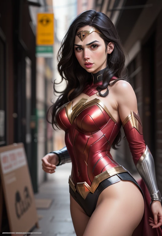 melhor qualidade, gal gadot, jovem, wonder man, saia curta, seios grandes, coxas grossas, corpo perfeito, umbigo com pircing