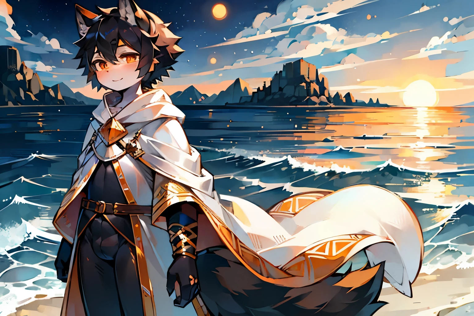 A black-haired wolf,Orange pupils,white robe,orange decoration,seaside,beach,sea,vast sky,flowing robe,Lovely shota,white skin,站在beach上,sunset,Dusky sky,面对sea,short hair,蓬松的black tail,Orange texture,headgear,knight,orange color shirt,black tail,white cloak,Smile