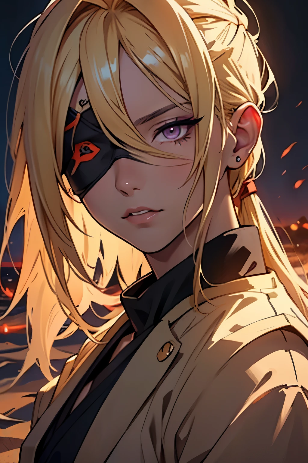 2d illustration, anime, a painting portrait in fine arts, in manhwa style, Bishamon from noragami, ((black eyepatch on the left eye)), blond hair, long hair, shopped undercut pixie, dark red lipstick, makeup, purple eyes, orange lights, ((sand dunes background)), dutch angle, dark atmosphere, beautiful, high definition, masterpiece, best quality, high detail, high detailed eyes, grain filter, high detailed eyes