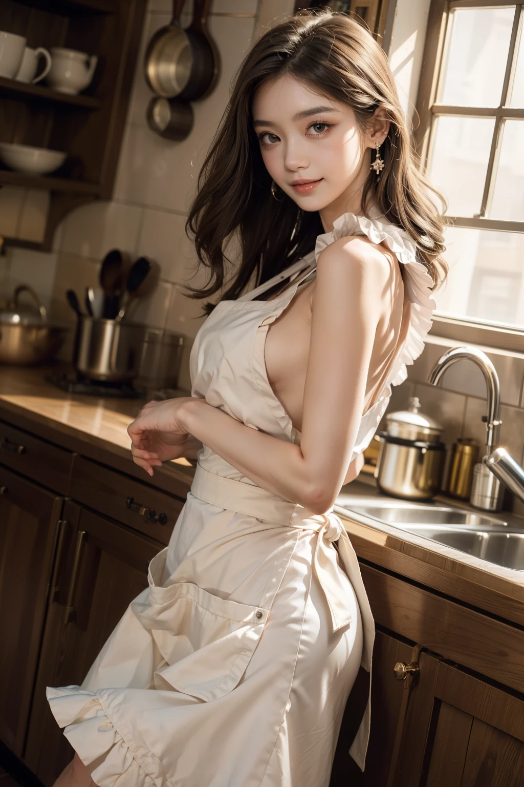 (hyperrealistic), (illustration), (high resolution), (8K), (extremely detailed), (best illustration), (beautiful detailed eyes), (best quality), (super detailed), (masterpiece), (wallpaper), (detailed face), solo, (dynamic pose), 1 girl, white wavy hair in the kitchen, korean, heterochromic eyes, small moles under the eyes, ((apron)), big breasts, long legs, tightens abs, (camel toes), (black stockings), (no panties), (no bra)