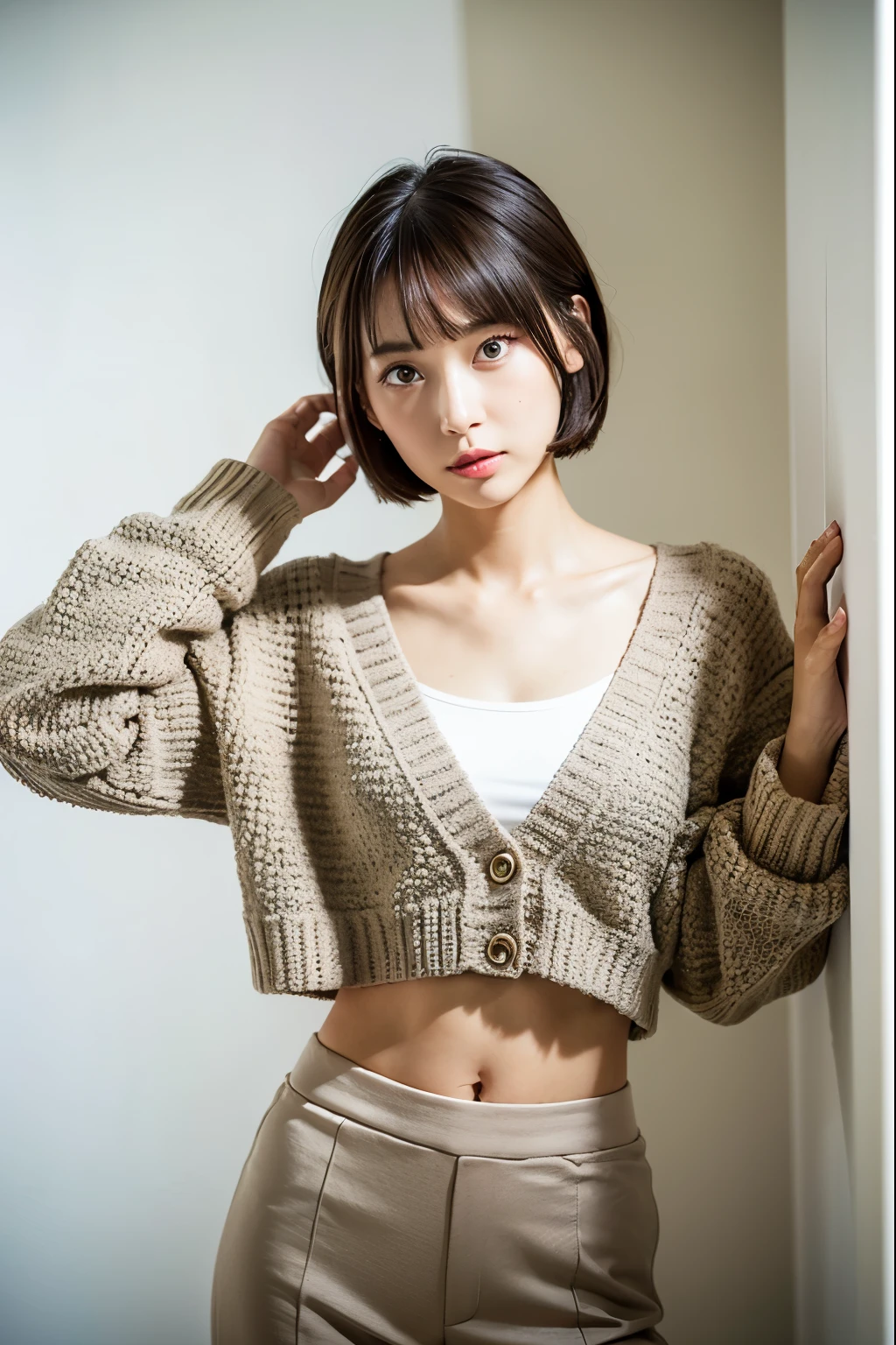 ((masutepiece,top-quality)), (photographrealistic:1.4),((masutepiece,8K)),hight resolution,Studio Soft Light, Rim Lights, vibrant detail, realistic skin textures,Japanese, 1 beautiful woman, Short hair, Wave hair, faint thin bangs, make - up, 38 years, Detailed skin, cardigan, wide-leg pants, White background, White Room,white walls, fully body photo, Looking at Viewer