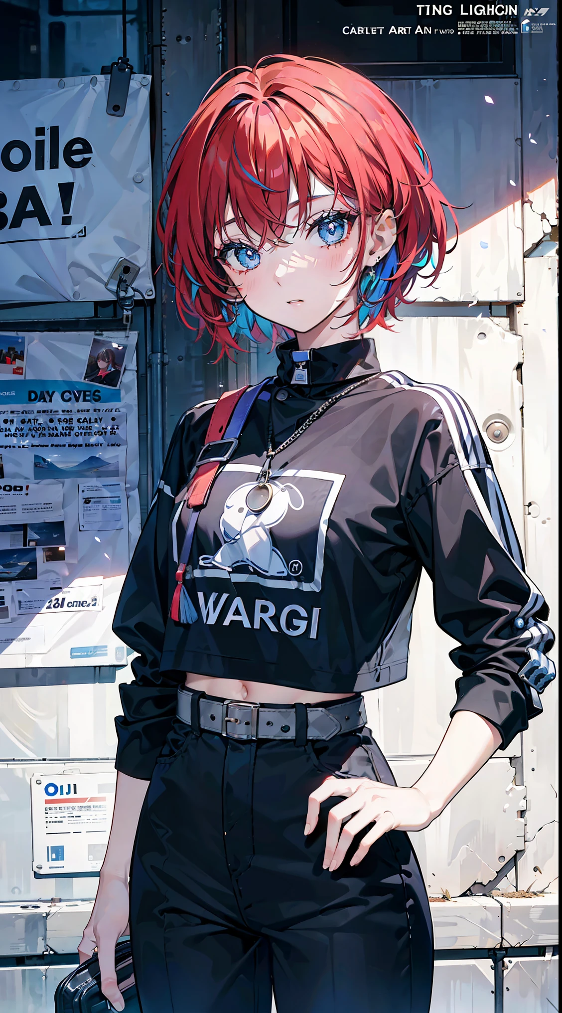 ((mixed colors hair)), bright lighting, masterpiece,1girll, ((short hair)), ((16-year-old female model)), (((cowboy shot)) 2D, detailed eyes, ((Text)), tile, cover, bold, attention-grabbing, title, stylish, ((font)), catchy, headline, beautiful eyes, eyes focus, detailed hands, ((better fingers)),
