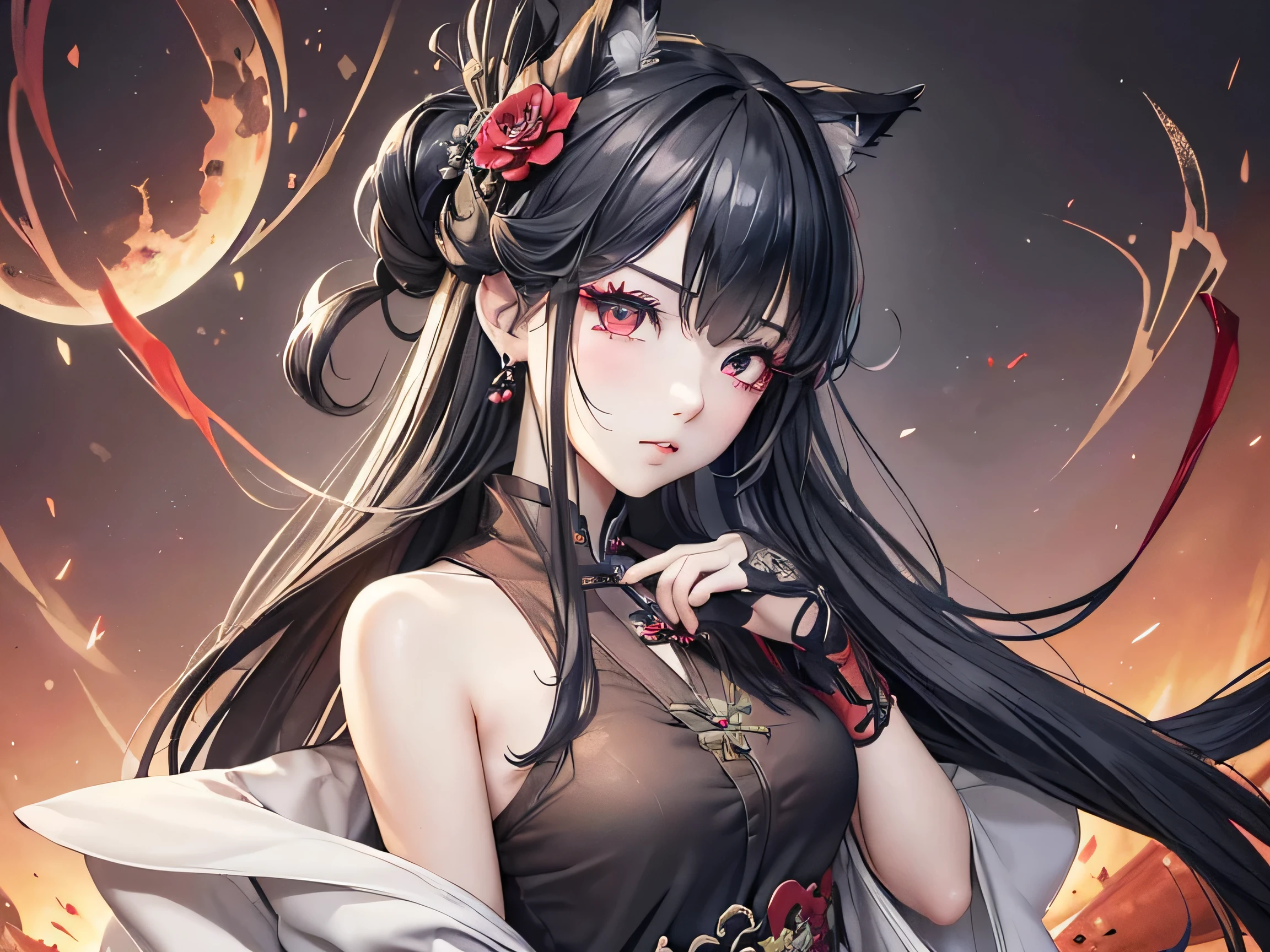 ((High resolution)), (open mouth), (top quality), ((Ultra-fine)) (Ultra-fine CG)), ((8K_wallpaper)), Dynamic angle, floating, (There are beautiful details in the eyes), Very delicate and beautiful girl, Upper body, ink painting, (Chinese style), black eyes, combustion, Detail lights. from_low, (black hair), (red) lily: 1.33), water eyes, (hair flower: 1.3), bloom, single, starry sky, hair accessories, earrings, jewelry, messy hair, bare shoulders, half-closed eyes, (hanfu: 1.3), (medium breasts): 1.2), (eye shadow, red eyeliner: 1.15), (eye shadow, red eyeliner: 1.15), (eye shadow, red eyeliner: 1.15), (eye visible through hair: 1.2), (Solo exhibition), Red Moon,heterochromatic pupils