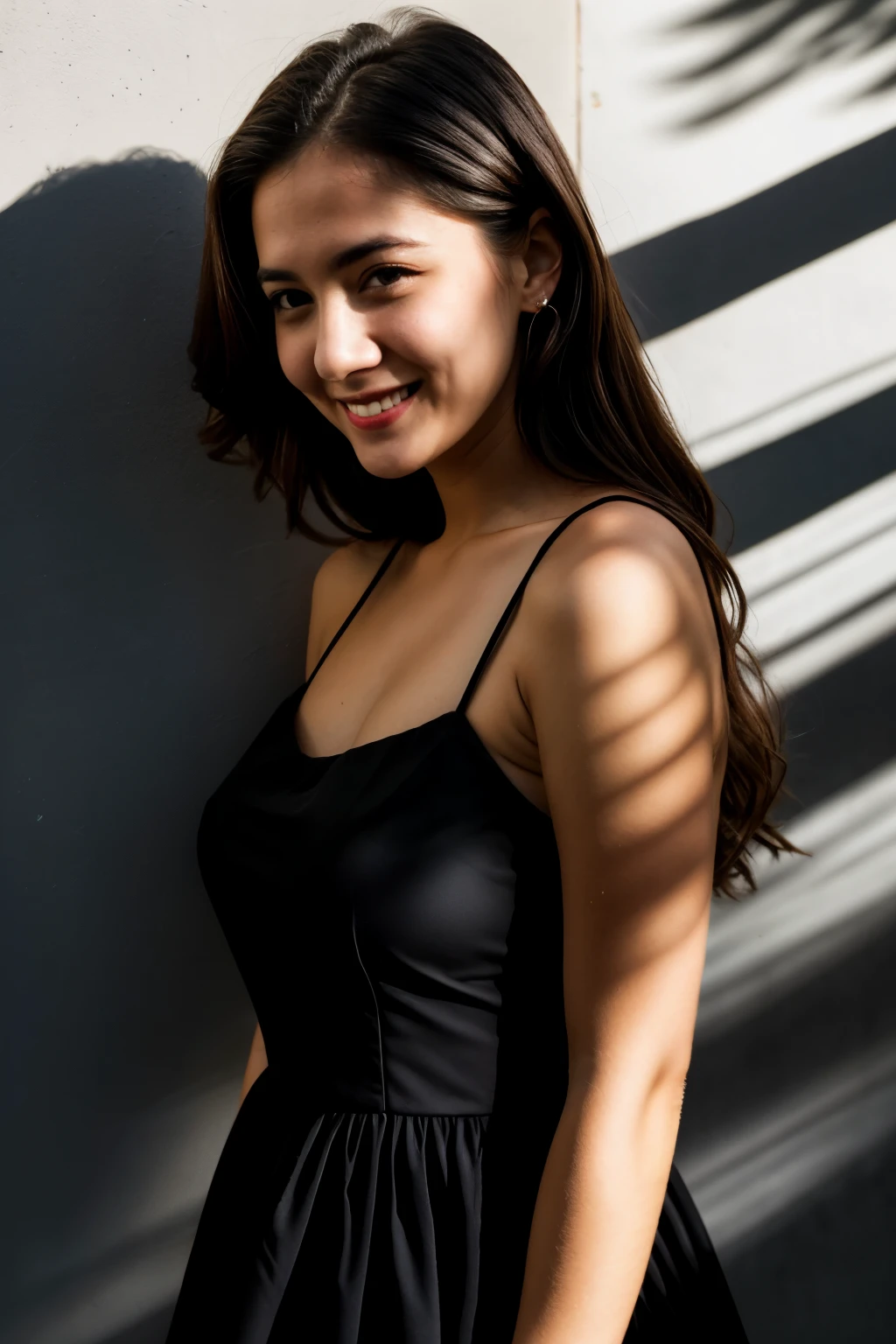 Dslr photo, (8k, 4k, masterpiece),beautiful pretty filipina asian woman, smiling, laughing, night, indoors, thin strap sleeveless black dress, witch, long dark hair, bracelets, arm bands, blurry background, (bottom hands on hips), (elbows out), full subject in frame, full body view, front view, (four arms:1.2), (extraarms:1.2), (top hands on head), (4arm), (woman with 4 arms), (busty), curvy, happy, looking at viewer