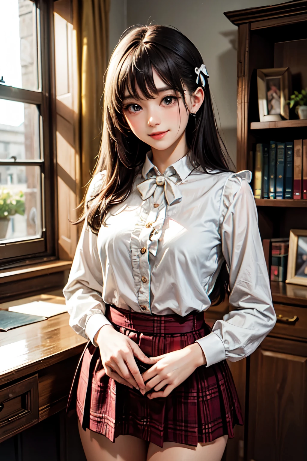 very cute and beautiful girl,(highly detailed beautiful face),(smile:1.2),blush,cowboy shot,
(white blouse with detailed frills),long sleeve BREAK standing,skirt lift,(white panties),
hair ribbon,black hair,(scarlet plaid mini skirt)
 BREAK antique living room,flowers in vase,wooden desk,(bookshelf:0.9),jewelry box,european carpet,distant trees,
(best quality,masterpiece:1.0),absurdres,highres,ultra-detailed,extremely detailed,32k,8k resolution,
intricate details,cinematic scene,detailed background,solo,dynamic angle,