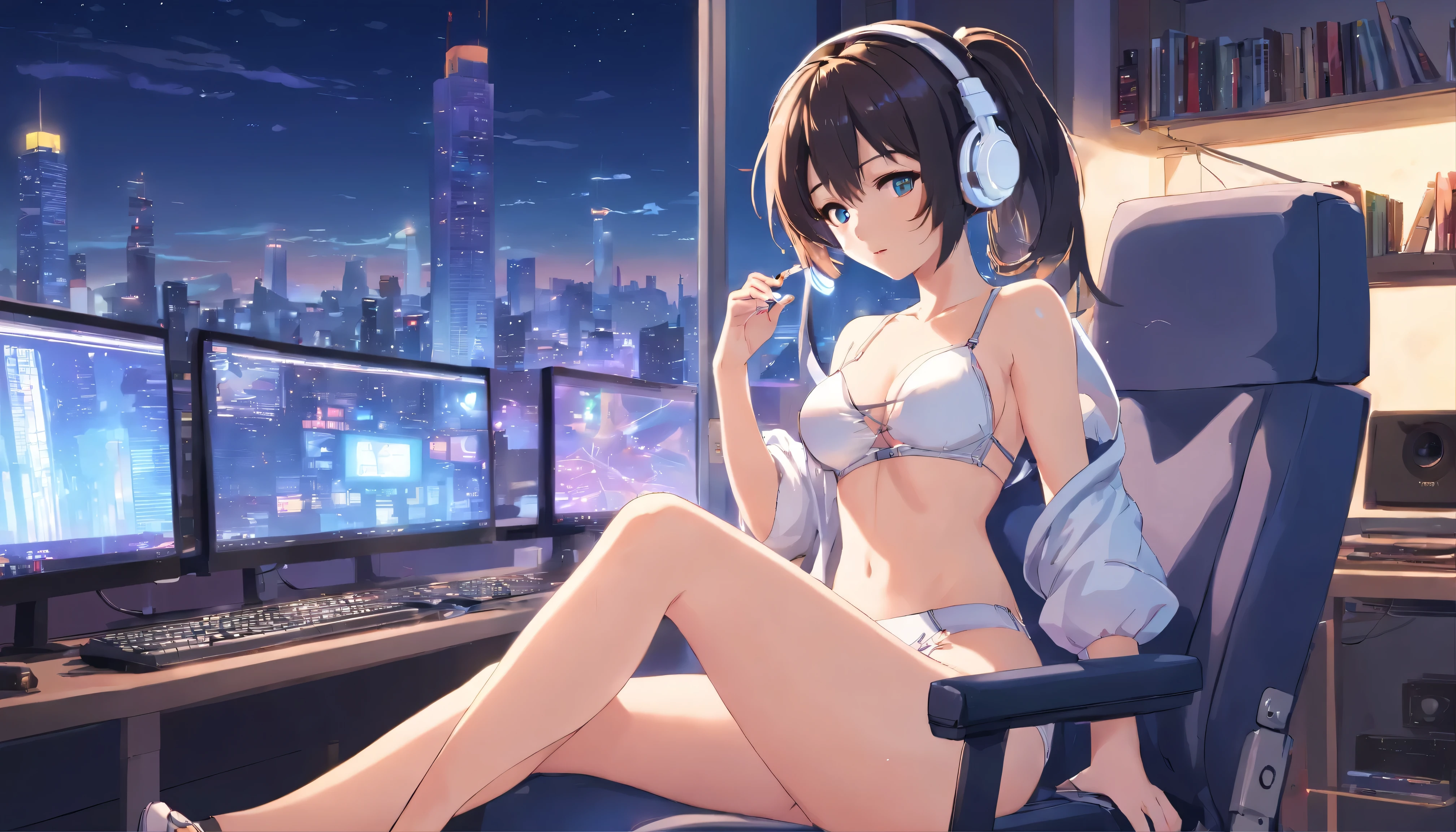 anime girl wearing white headphones, wearing a Calvin Klein underwear, she is wearing a thong, T-back, thong, Tanga, G-string, black hair, 29 years old, white gaming PC, white gaming chair, Exposed cleavage, big breasts H-cup, accentuate the cleavage, accentuate big, wearing a black garter belt, revealing skin, Owner of beautiful legs, nice legs, lovely pins, lofi girl anime vibes, lofi artstyle, anime style 4k, anime aesthetic, nightcore, lofi feel, lofi art, anime art wallpaper 4k, anime wallpaper 4k, lofi vibes, plants in the room, city view, white headphone, she is programming using PC keyboard, white keyboard, She is looking at a white monitor, a white computer mouse, devises are white color, sitting on a white gaming chair, Heavenly music that fills the air, one thick candle is lighting, Night city lights illuminate the room, full moon, short ponytail, Full body shot, full body, anime style, cinematic lighting, Sony FE GM, from below, masterpiece, best quality, 4K, highres