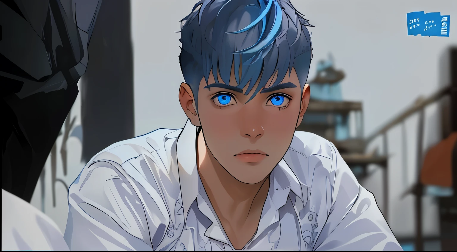 joven de cabelloplateado y ojos azules esta trsite y preocupado esta mirando a alguien