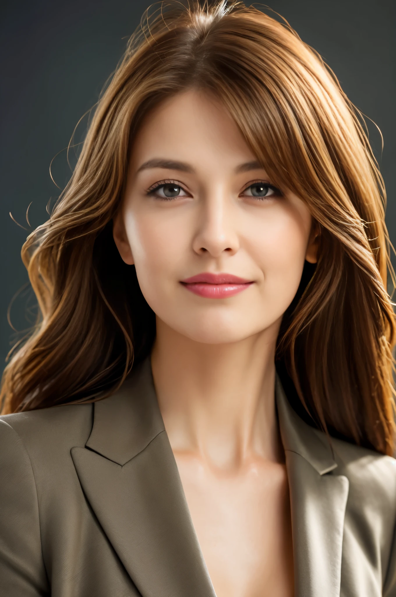 table top, highest quality, realistic, Super detailed, finely, High resolution, 8k wallpaper, 1 beautiful woman,, light brown messy hair, wearing a business suit, sharp focus, perfect dynamic composition, detailed and beautiful eyes, fine hair, Detailed and realistic skin texture, smile, close-up portrait, model body shape,full body description,