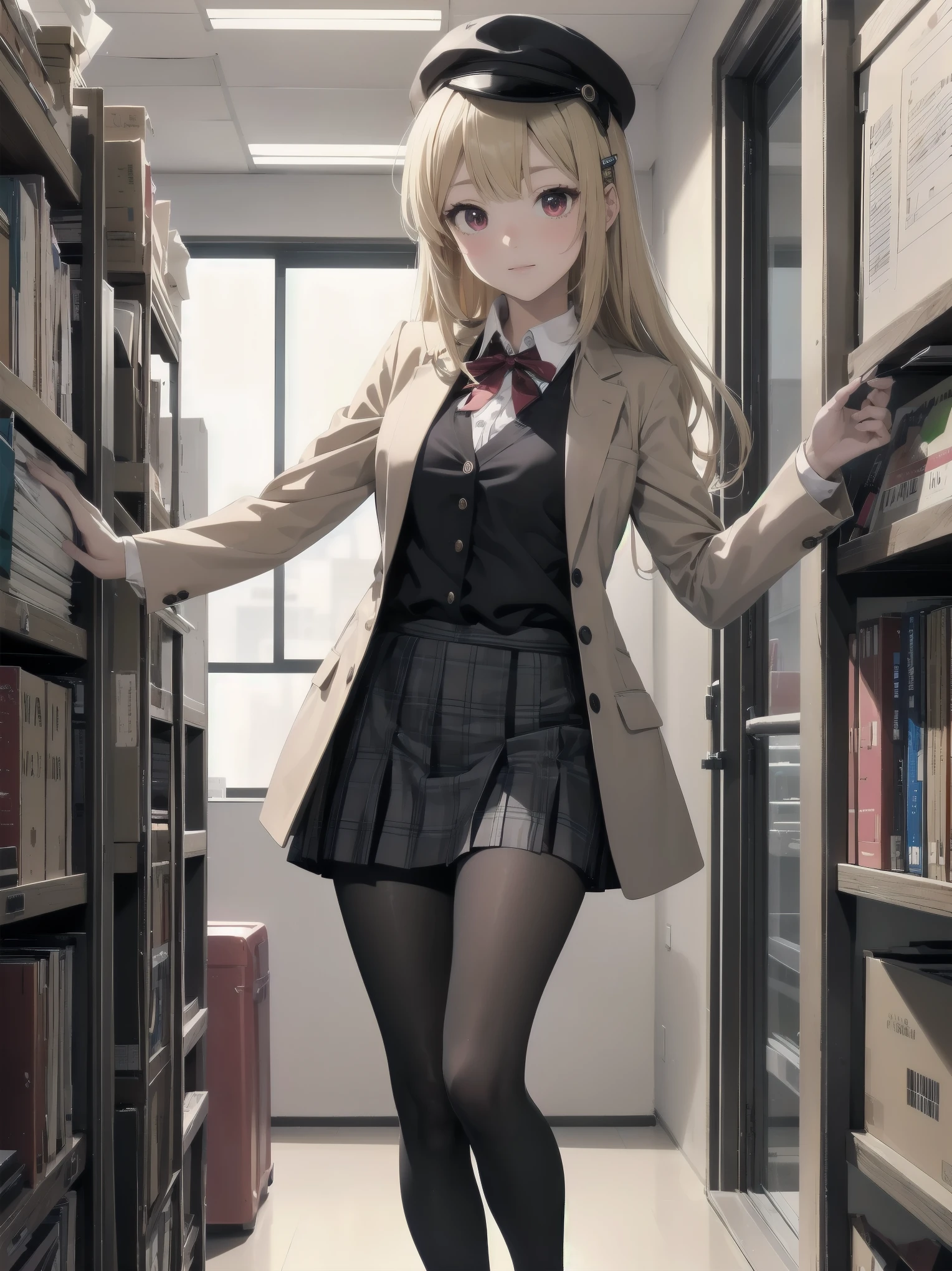 (Masterpiece: 1. 2), (Top quality: 1. 2), Anime girl, One, Blonde hair, Hair clip on right side of forelock, Black cap, Wine red eyes, White female shirt, Brand grey blazer, Small red ribbon across chest, Office clothes, One size larger shirt, Checked priss skirt, Black tights, tights with fine detail, full body, large breasts, front view, alone, bruised and super cute