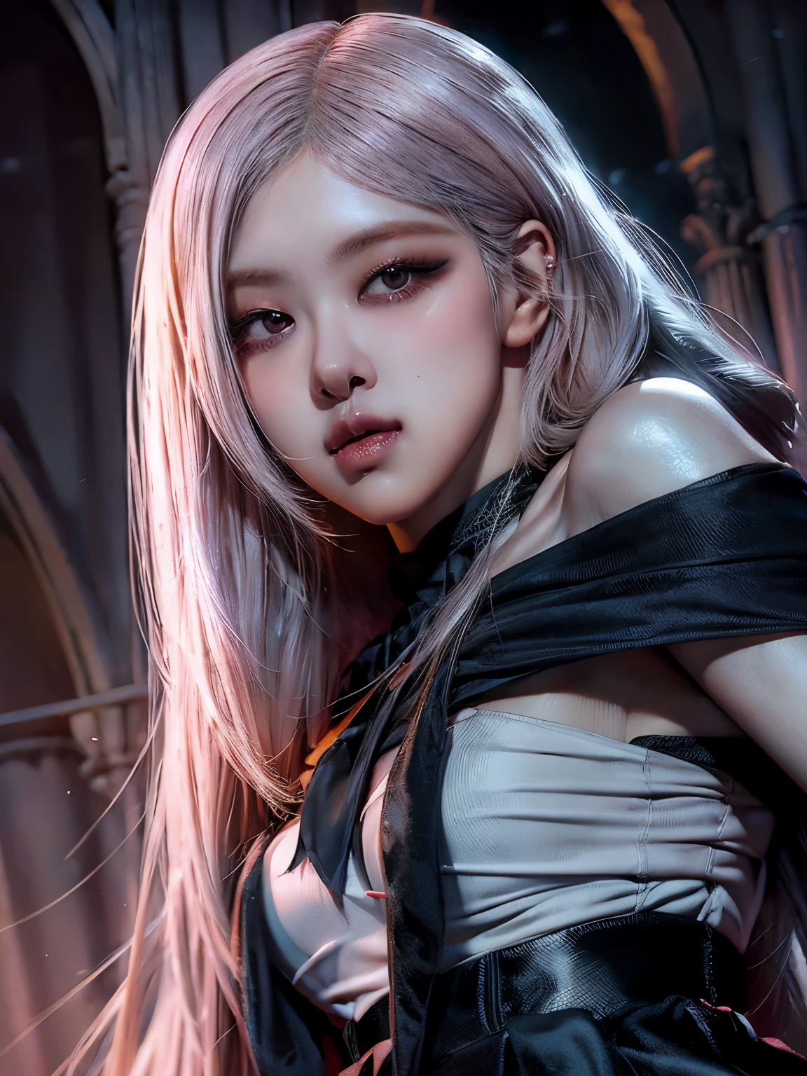 Princess of lightness,pink hair,busty,Glamour,Gorgeous,Jewelry,monochromes,Gothic goddess,light Fantasy,light Venus,erotic posing,Dynamic Posing,Dramatic,Cinematic,Detailed background,Gothic background,light fantastic view,Best Quality,masutepiece,8K,The ultimate detailed light background, Top image quality、RAW photography、超A high resolution、show legs,cropped shoulders,close-up all over the body,Be red in the face,overall look is very erotic。(Hand optimization),(Details are strengthened),(High Picture Quality) An 18-year-old female、Shot for one person only、model shoot、medium breasts、Wearing a black skirt、Beautiful Eyes of Details、Very slender eyes、Beautiful eyelashes、beautiful double eyelid、Very slim physique, Shy, with blush cheeks, Show off