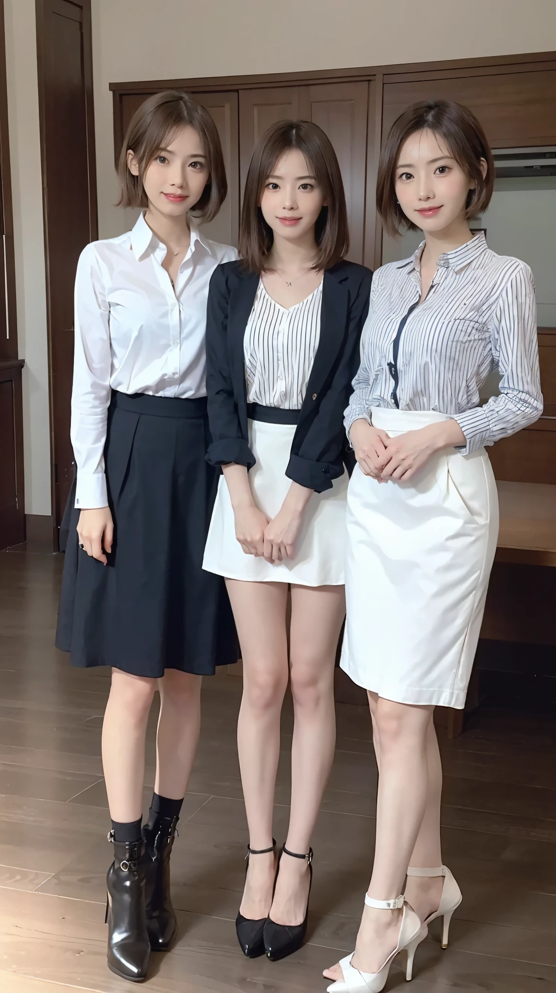 (highest quality, masterpiece, realistic, Super detailed, ultra high resolution, to be born:1.3), (3 girls:1.5), beautiful, Japanese, mature, 28yo, office workers, (tight knit, short skirt), ({money| Silver| wine-red| navy| pink| yellow green| violet| sky blue} Clothes), (smile), (bangs), high waist, necklace, (office, indoor, glass room), (long legs, high heels, full body:1.2), (Medium chest:1.3), (crowd)、The first one is Keiko Kitagawa.,The second person is Haruka Ayase.,3The first person is Kanna Hashimoto,(A very cute 20 year old young woman from Japan), ((delicate hair between brown and blonde)), ((messy side wave short hair)),medium bust size、small breasts、 (((clean hands))),(curly hair),(((とても優しいsmile))), (((彼女はpinkと赤とマゼンタのレースのパンティーを着ています))),(((Wearing a black tight skirt, but、it is'turned over in her hands.))),(((He is wearing a black and white vertical striped shirt。))) ((highest quality, 16k, table top: 1.3)), light shines on your face, highly detailed face, highly detailed lips, fine eyes, city street
