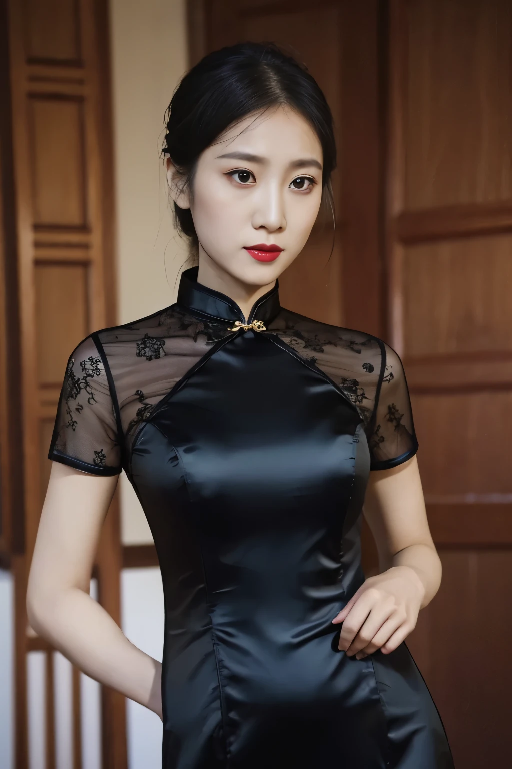  Juli,solo, black cheongsam, in doors,lips, closed mouth,high quality,