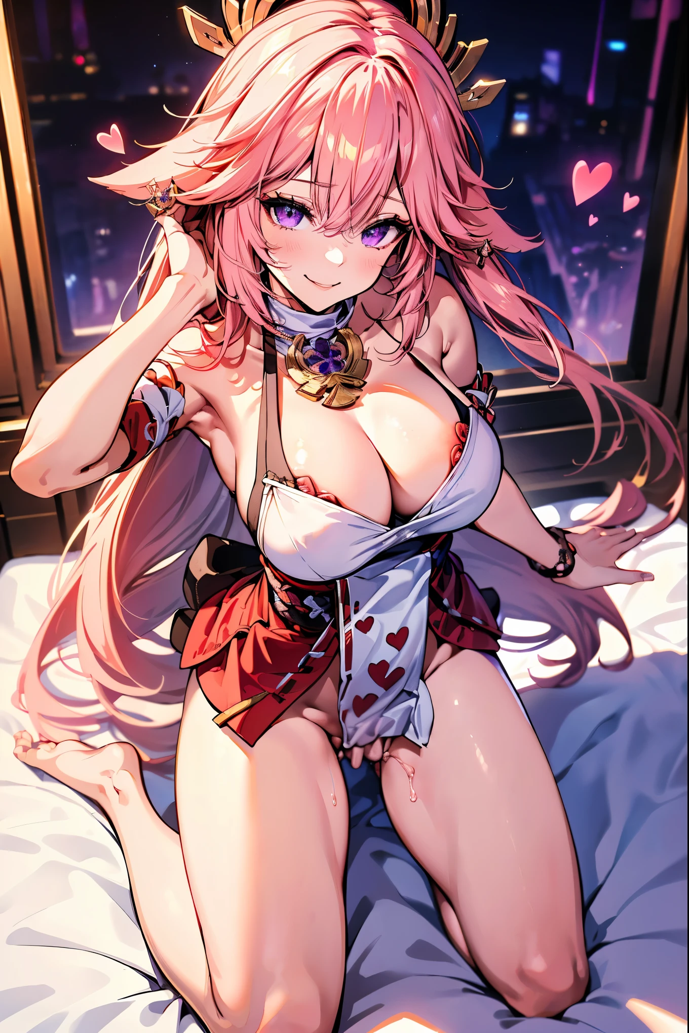 Yae Miko,(masterpiece, best quality:1.2), (high resolution, 8K RAW photo,anime style, clear focus, weak outline:1.3), pov, solo, ((nfsw:1.5, fuge breast:1.3, big tits, breast cleavage, harass sexually, in heat, presenting)), ((beautiful eyes with highlight:1.3)), raised sexy, (pink hair), long hair, asymmetric hair, half updo hair , ((violet eyes)), bokeh , (correct anatomy:1.6, ideal ratio of body proportions), (in bedroom, lies on the bed), (beautiful smile), (little hearts in the air), (orgasm face), ((masturbation, fingering), female_masturbation), (shot from above),