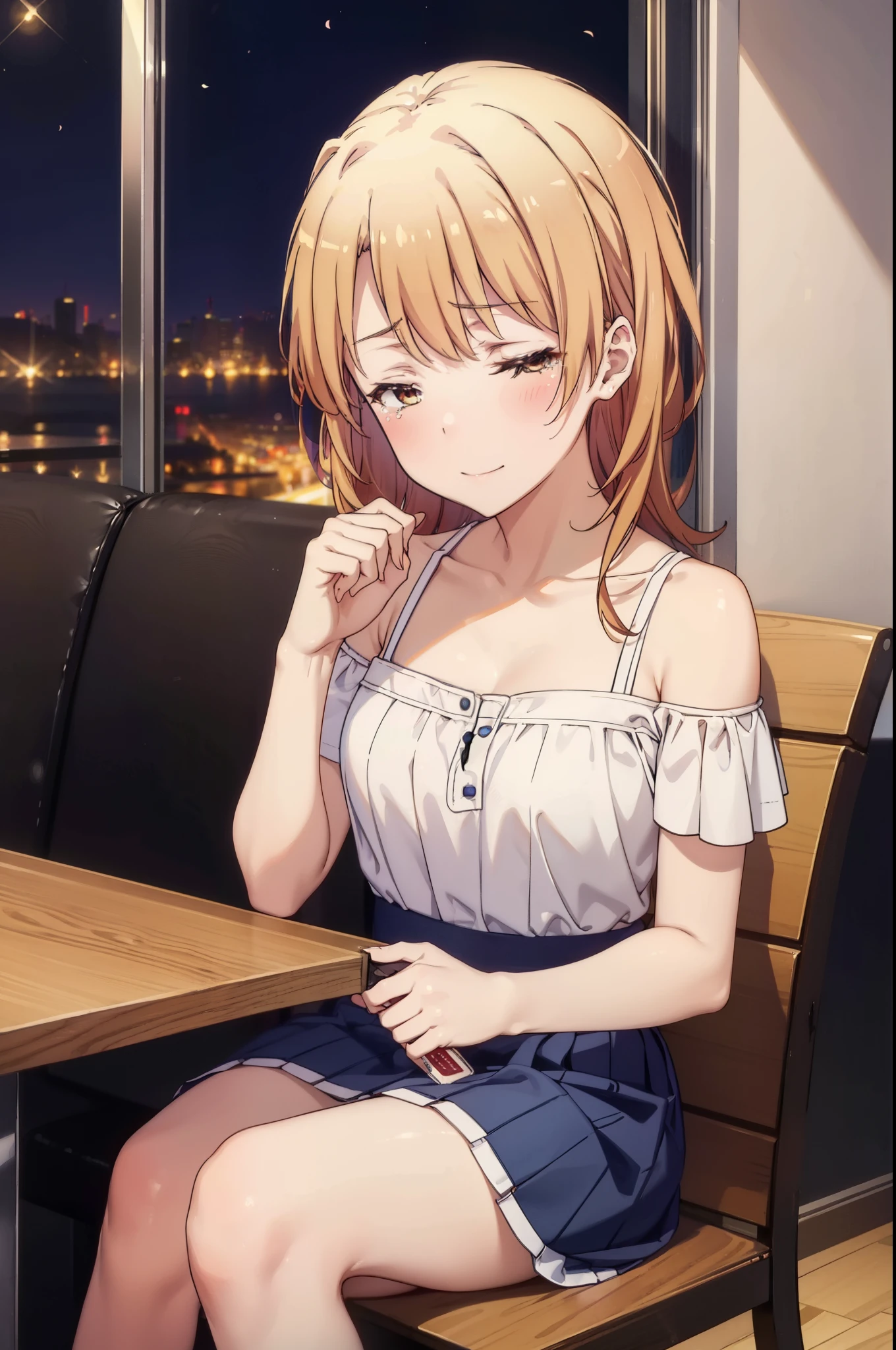 irohaisshiki, iroha isshiki, long hair, brown hair, smile,blush,open your mouth,close both eyes,tears run down her face,Crying with joy,cry a lot,white off shoulder dress,bare clavicle,bare shoulders,naked neck,long skirt,stiletto heels,A large cake and food are placed on the table.,sitting in a chair,confetti,ロマンチックな雰囲気
break indoors, A restaurant with a beautiful night view,
break looking at viewer,
break (masterpiece:1.2), highest quality, High resolution, unity 8k wallpaper, (figure:0.8),  highly detailed face, perfect lighting, Very detailed CG, (perfect hands, perfect anatomy),