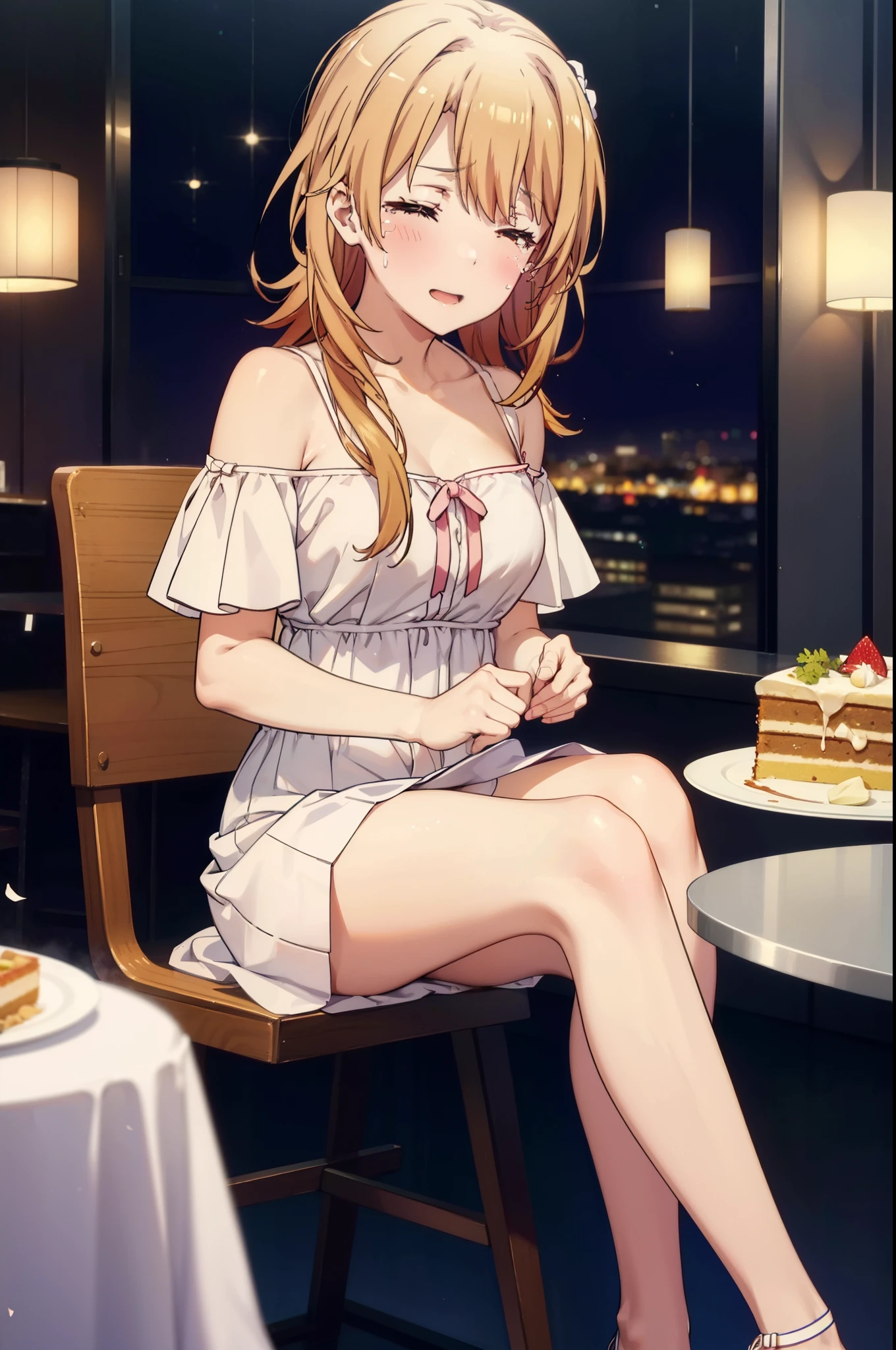 irohaisshiki, iroha isshiki, long hair, brown hair, smile,blush,open your mouth,close both eyes,tears run down her face,Crying with joy,cry a lot,white off shoulder dress,bare clavicle,bare shoulders,naked neck,long skirt,stiletto heels,A large cake and food are placed on the table.,sitting in a chair,confetti,ロマンチックな雰囲気
break indoors, A restaurant with a beautiful night view,
break looking at viewer,
break (masterpiece:1.2), highest quality, High resolution, unity 8k wallpaper, (figure:0.8),  highly detailed face, perfect lighting, Very detailed CG, (perfect hands, perfect anatomy),