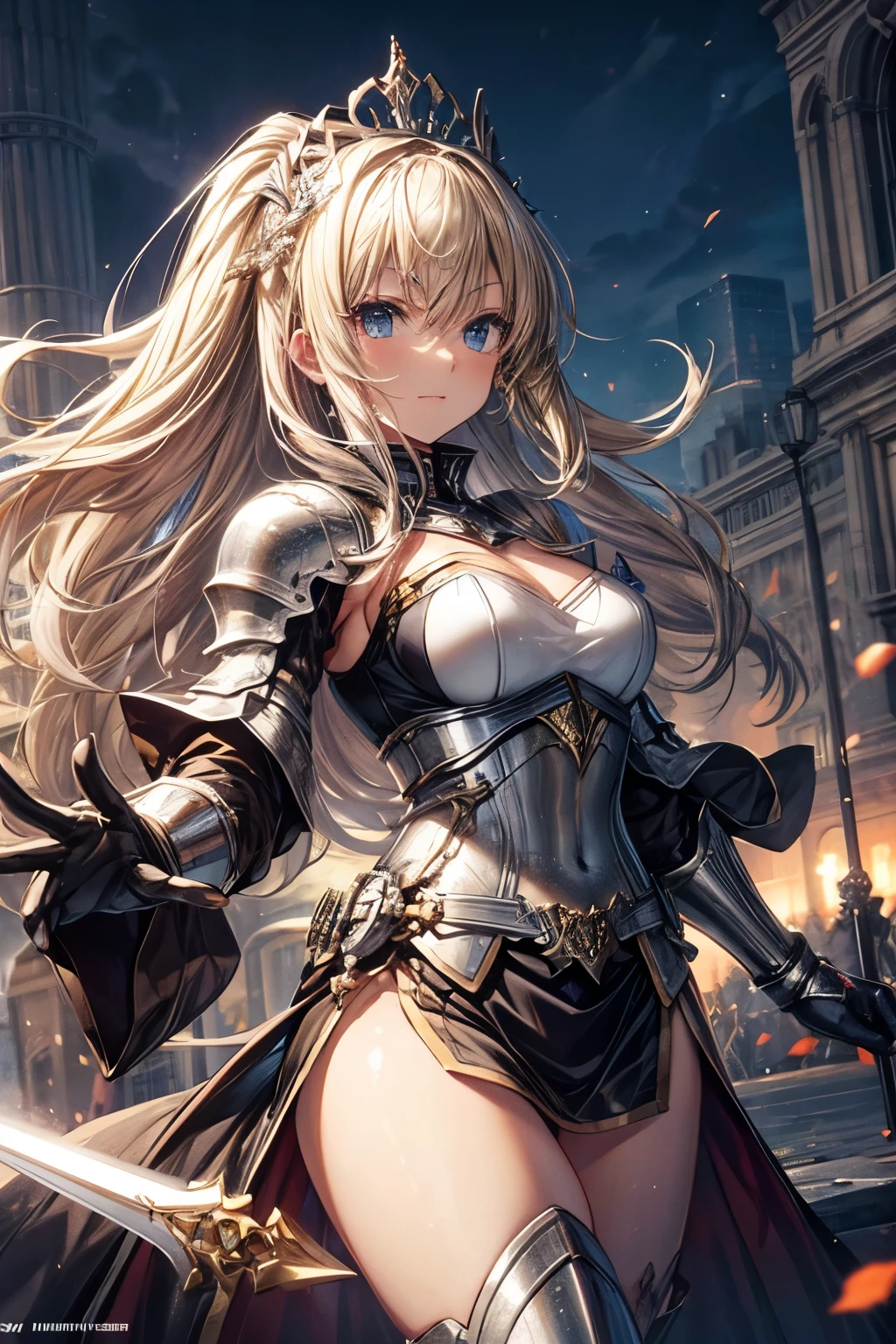 ((One Girl:1.5),(cybernetic body:1.2),Big ample breasts,(armor:1.8), (Mech armor:1.2)),(Best image quality, Great details, Ultra-high resolution, (realism: 1.4), Best illustrations, Favorite Details, A girl with a high level of concentration,Laughter、(before:1.5),(dynamic:1.5),(bold:1.5)),(Thinning hair:1.8),(loose long hair、Blonde Hair:1.5),(Swept-apart bangs:1.5),Apply over one eye,The background is generic and blurred.,(blurry background:1.8), (absurdres:1.8),Tachikawa Mushimaro,Minaba Hideo, fuzichoco