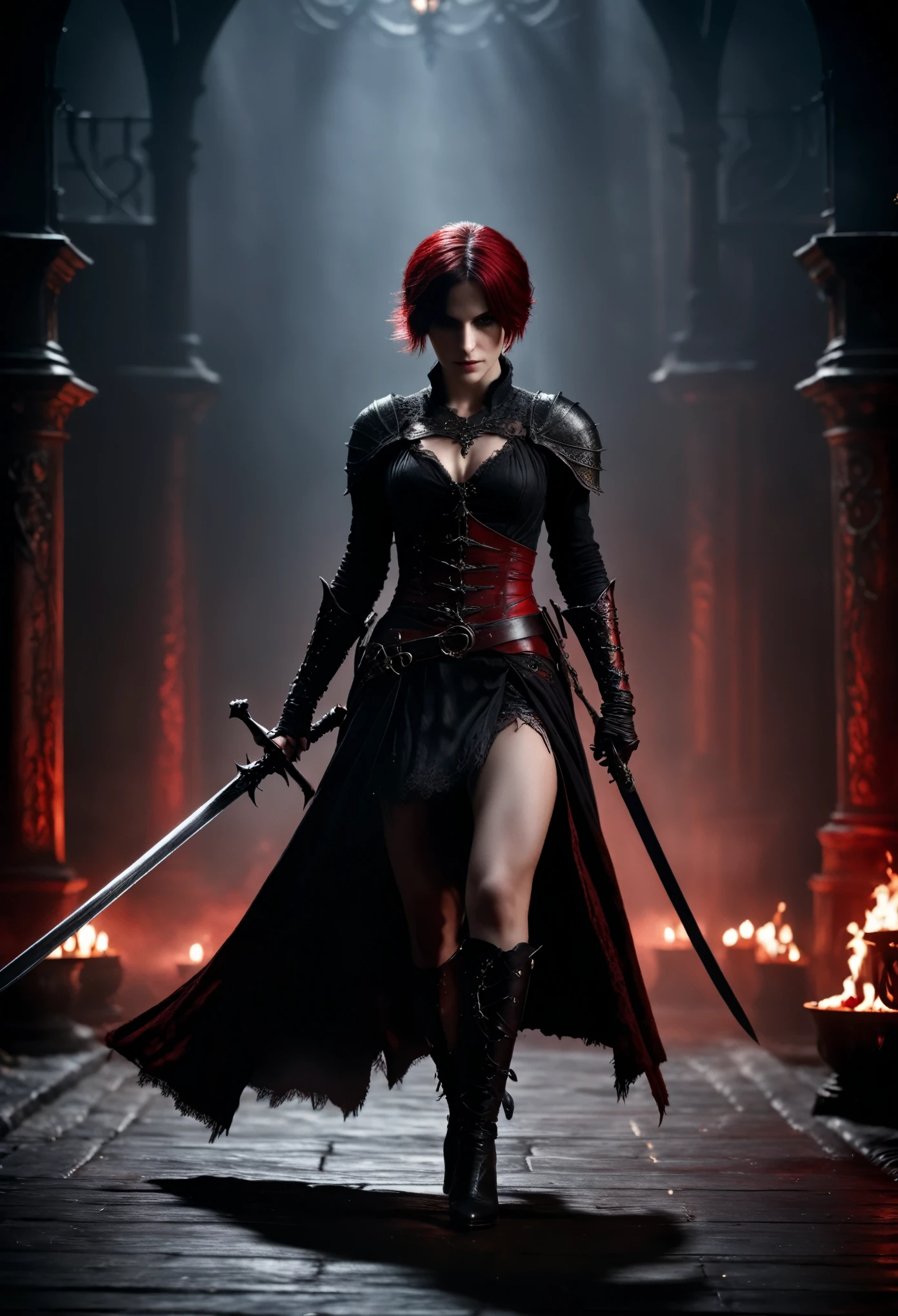 photo shot on Nikon D850, Bloodborne ~ Dark Souls 3 ~ Elden Ring ~ ultra detailed gorgeous woman with short black-red colored hair, extremely sexy, dancing with a sword, in a world of black and red, dark gloomy antique atmosphere, cinematic, blushing, teasing, Alluring. highly stylized. depth of field, bokeh effect, backlit, stylish, elegant, breathtaking, visually rich, masterpiece, full body shot.