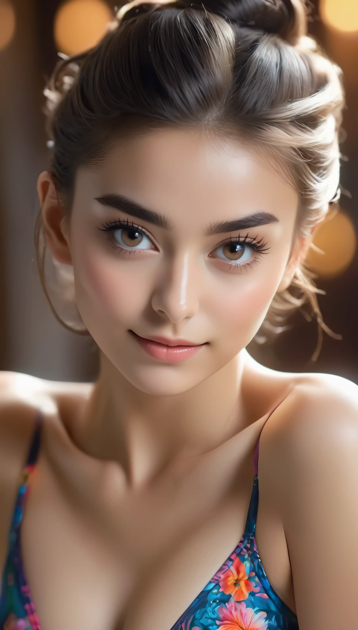 (Best Picture Quality,4K,Hi-Res,Masterpiece:1.2),(Ultra-Detailed Realistic photo:1.37), One beautiful 18-year-old girl, (wearing delicately designed swimsuit:1.2), nealing in atelier, with her hands clasped behind her head, emphasizing her flat chest, beautiful toned body and abs,
(muscular:1.3), alluring expression, provocative glamour shot, finely detailed large eyes, long eyelashes, thick eyebrows, (no makeup:1.4), (dark circles:1.1), (Chignon hairstyle:1.36), (Ultra detailed moist skin texture:1.1), vibrant colors, soft and warm lighting, seductive look that invites the viewer in, sexy and seductive atmosphere. (flat chest:1.2), (small breasts:1.2), Artistic photographs that capture her inner spirituality. She is giggling
