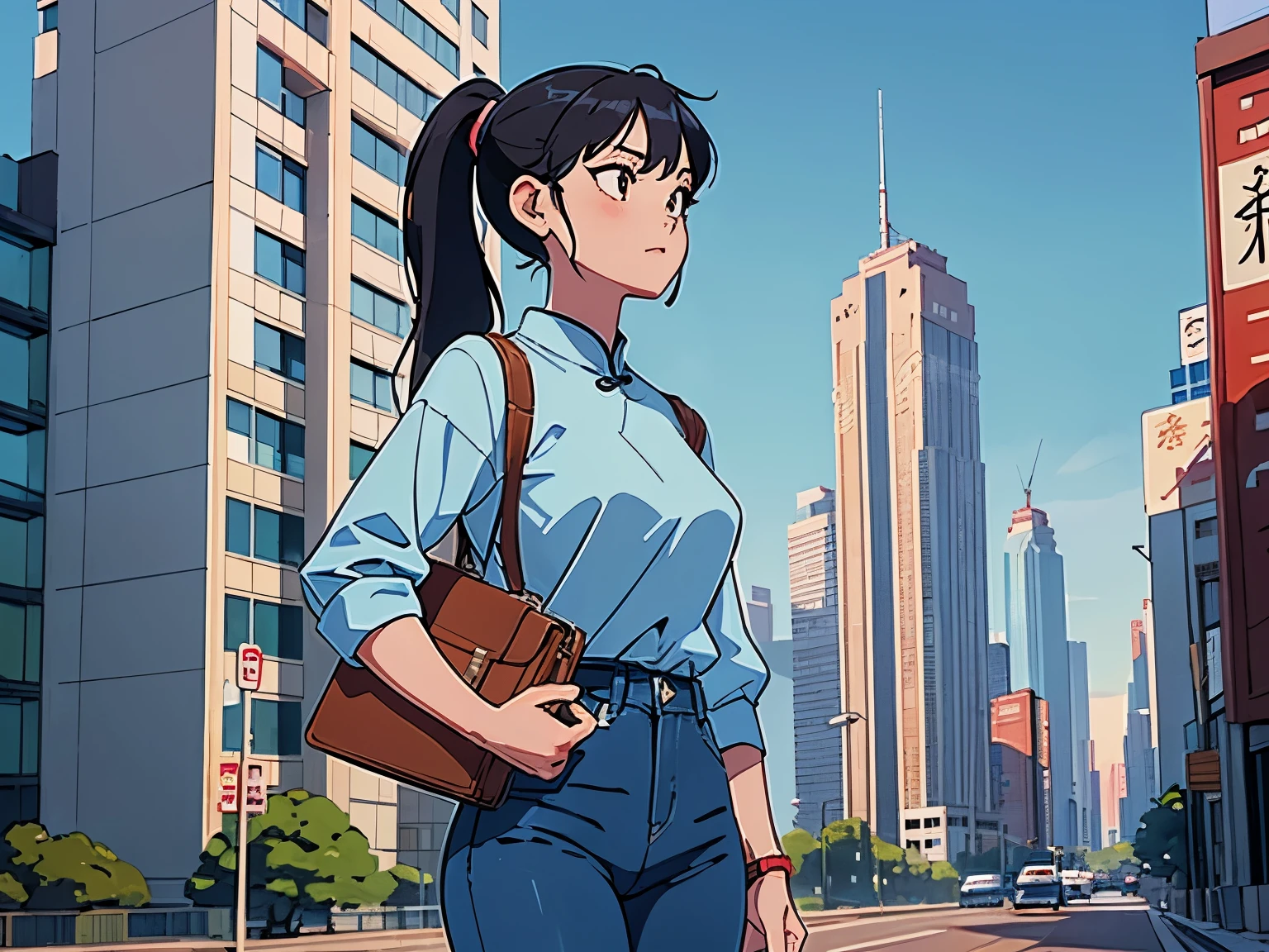 Era：1990年Era感，Chinese woman 24 years old，Character image：The intellectual heroine wears a light blue shirt，dark blue denim jeans，white sneakers，Portable brown briefcase，Put hair into ponytail，Show the competence of professional women。 Scenes：The heroine looks up at high-rise buildings on the roadside