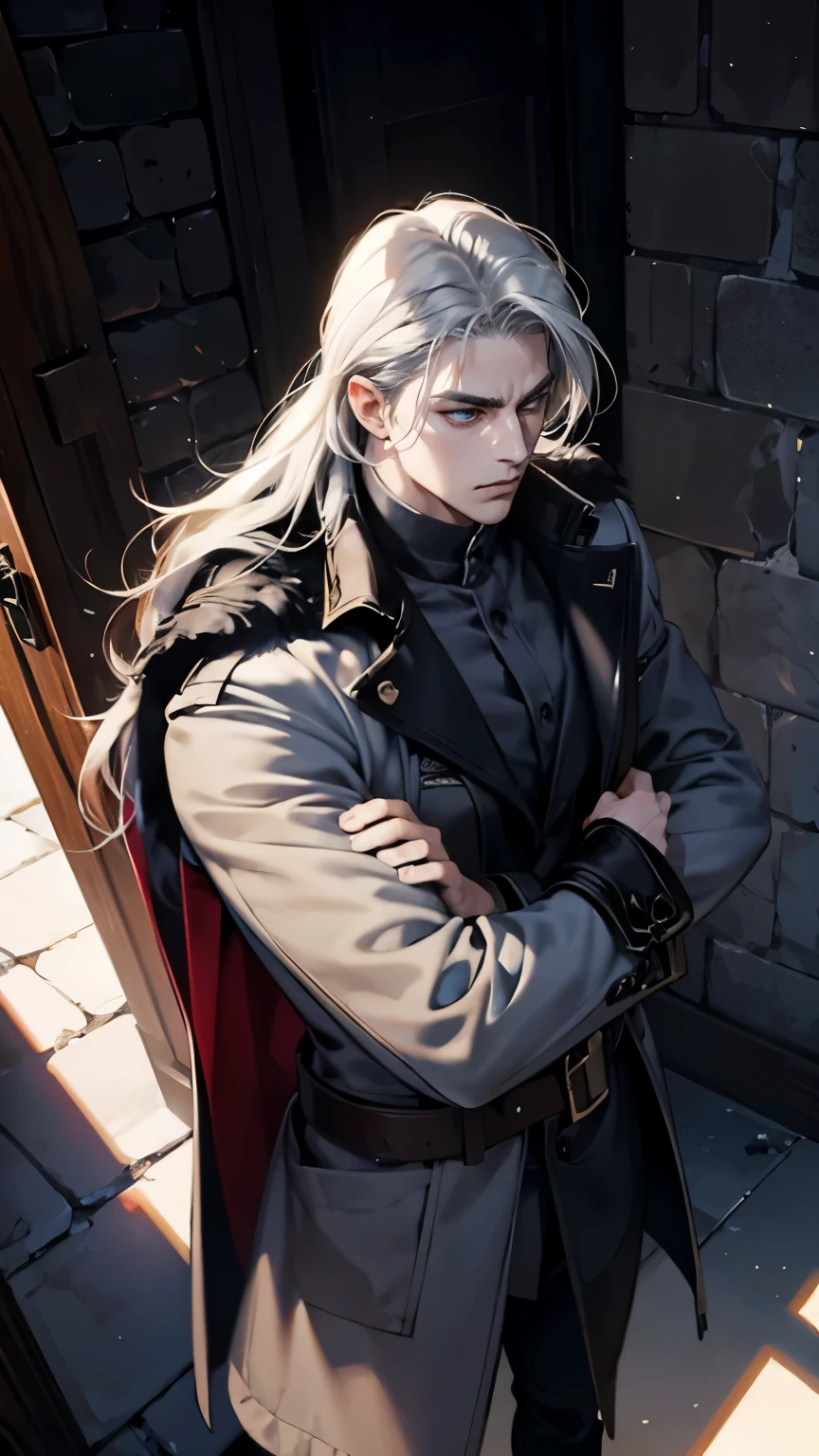 30 years old man, Eyes looking to camera, Perfect male body, (mercenary, Tall and strong,silver long hair,Frown,dark coat,stand in castle),dramatic shadow, Ray Tracing,(masterpiece, high resolution, ultra - detailed:1.0)
