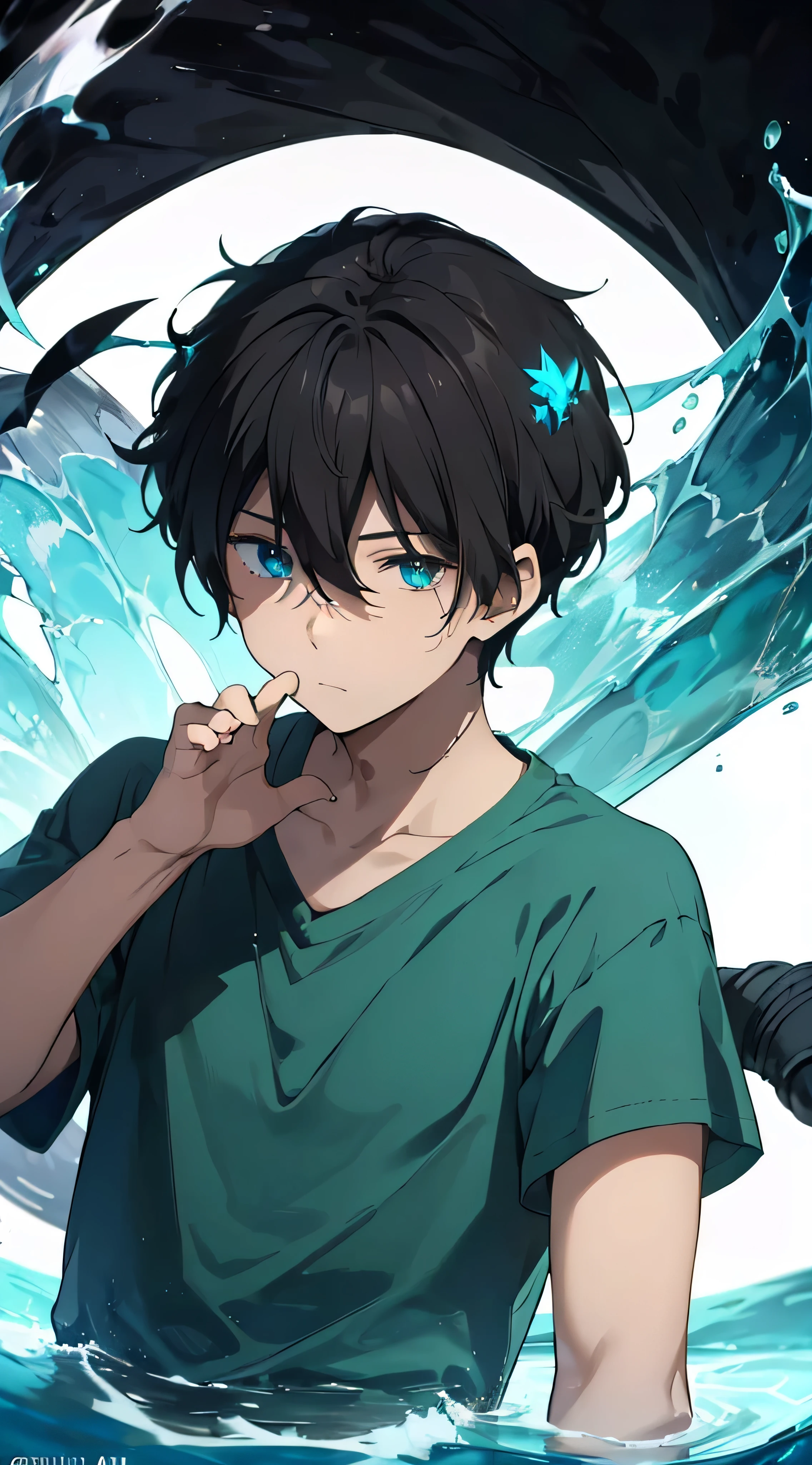 Varel kun, masterpiece, best quality, 1boy. Oreki model. (Black hair, glowing eyes, have detailed beautiful eyes). Wearing white T - shirt, holding fireball. Aqua eye. Black leaf hair ornament 