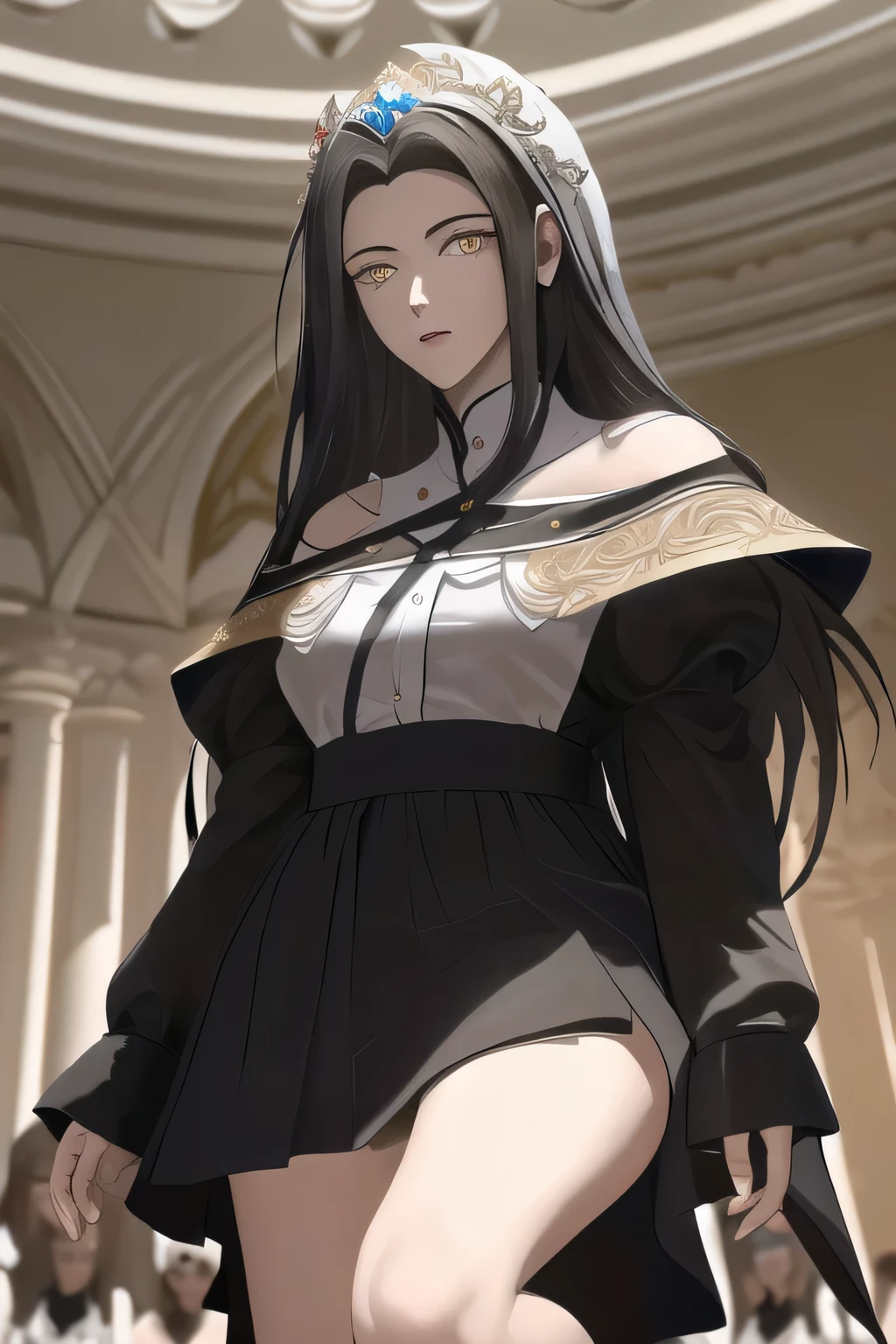 obra de arte, Melhor qualidade, alta qualidade, high resolution,
ao ar livre,
olhando para o espectador,
Olhar sedutor e cruel, ((olhos brilhando)), ((em roupas de freira, enfeitada com correntes e cruzes))