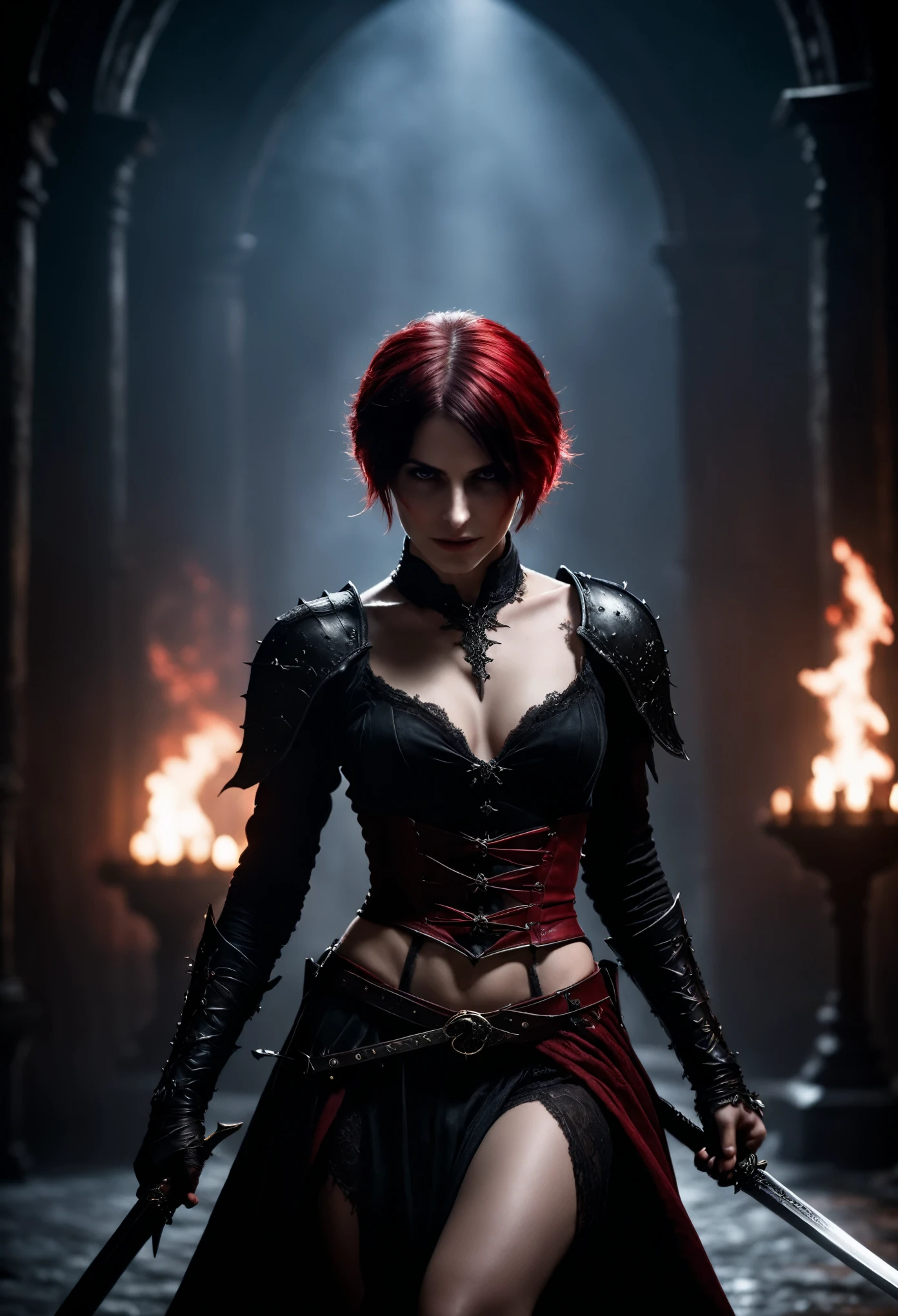 photo shot on Nikon D850, Bloodborne ~ Dark Souls 3 ~ Elden Ring ~ ultra detailed gorgeous woman with short black-red colored hair, extremely sexy, dancing with a sword, in a world of black and red, dark gloomy antique atmosphere, cinematic, blushing, teasing, Alluring. highly stylized. depth of field, bokeh effect, backlit, stylish, elegant, breathtaking, visually rich, masterpiece, full body shot.