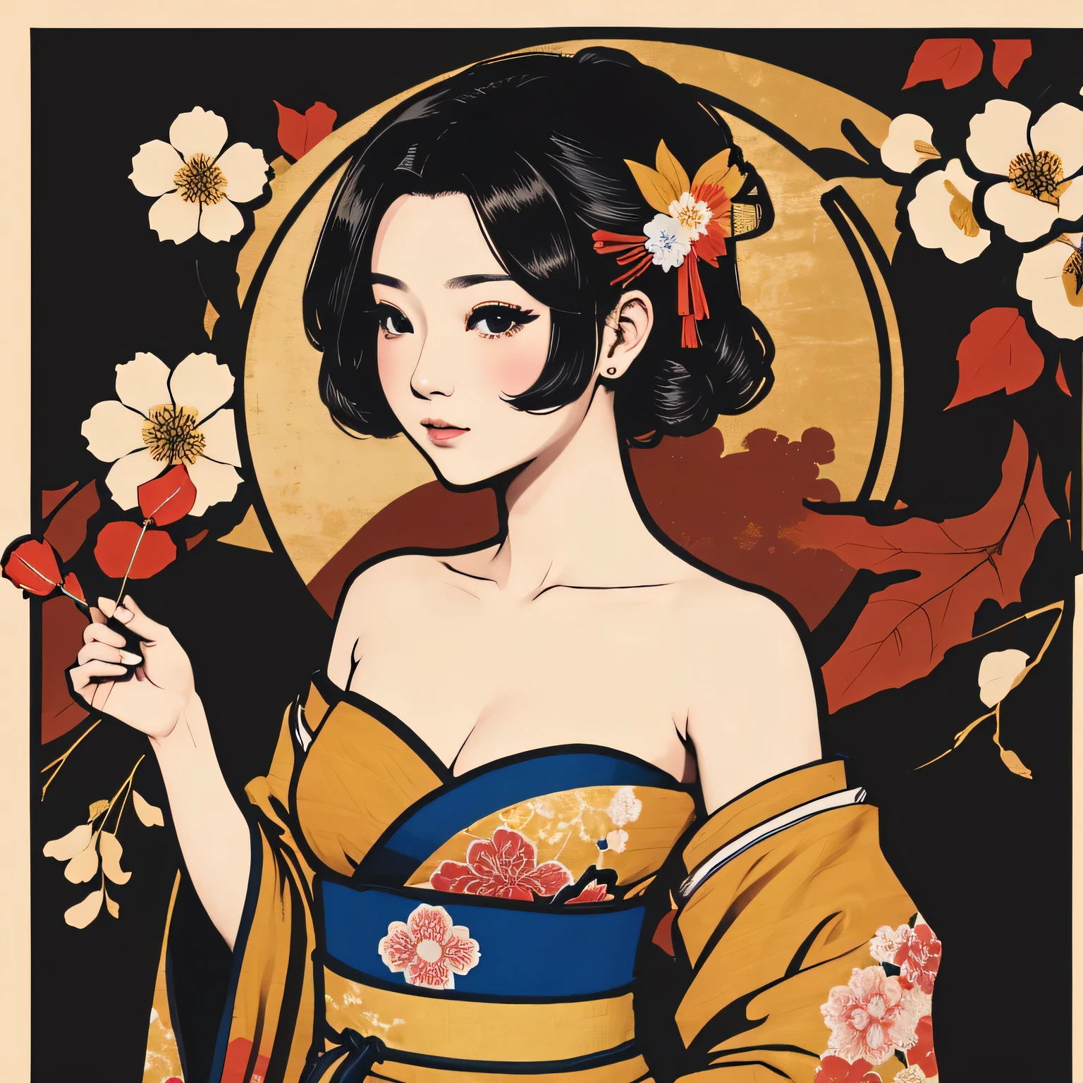 Art vintage japonais, Conception de t-shirts, art vectoriel, art plat:1,4. \\ (japonaise, en kimono, best quality, Art officiel, Beaucoup de couleurs, couleurs du japon, ukiyo-e, couleurs, d'automne , bare shoulders, belles formes,: 1.2