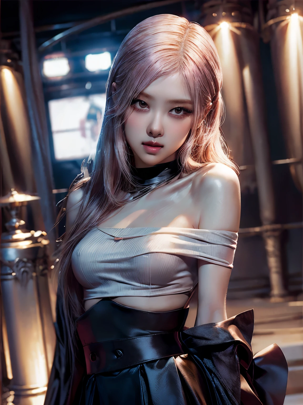 Princess of lightness,pink hair,busty,Glamour,Gorgeous,Jewelry,monochromes,goddess,light Fantasy,light Venus,erotic posing,Dynamic Posing,Dramatic,Cinematic,Detailed background,light fantastic view,Best Quality,masutepiece,8K,The ultimate detailed light background, Top image quality、RAW photography、超A high resolution、show legs,cropped shoulders,close-up all over the body,Be red in the face,overall look is very erotic。(Hand optimization),(Details are strengthened),(High Picture Quality) An 18-year-old female、Shot for one person only、model shoot、medium breasts、Wearing a black skirt、Beautiful Eyes of Details、Very slender eyes、Beautiful eyelashes、beautiful double eyelid、Very slim physique, Shy, with blush cheeks, Show off