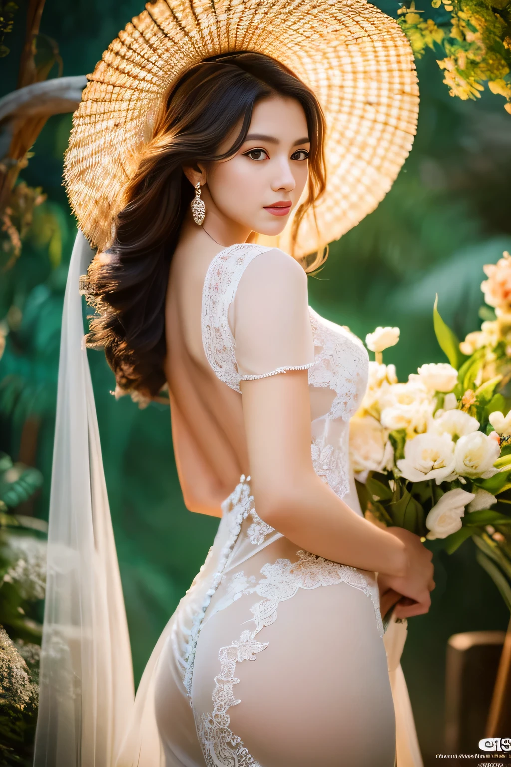 (best quality,4k,8k,highres,masterpiece:1.2),ultra-detailed,(realistic,photorealistic,photo-realistic:1.37),HDR,UHD,studio lighting,ultra-fine painting,sharp focus,physically-based rendering,extreme detail description,professional,vivid colors,bokeh,portraits,landscape

A beauty naked Indonesian woman stands gracefully in the center of a stunning wedding decoration. Her flawless, sun-kissed skin radiates with a natural glow, accentuated by the soft, dreamy studio lighting. Her delicate features are highlighted by beautiful detailed eyes, framed by long and voluminous eyelashes. Below, her exquisite nose and perfectly shaped lips add an air of sensuality to her overall appearance.

Her captivating pose emphasizes her elegance and confidence, with her back slightly arched to accentuate her beauty big breasts. The intricate bouquet of flowers adorns her hands, adding a touch of romance and femininity to the scene. The vibrant colors of the flowers complement the vivid colors of the entire composition, creating a visually stunning artwork.

As the woman stands, her legs are partially open, revealing her thick pubic hairs and the teasing glimpse of her chubby open vulva. The detailed depiction of this intimate aspect adds a touch of sensuality and vulnerability to the artwork. The nuanced shading and realistic rendering of her anatomy ensure that the viewer can appreciate the beauty of the female form in its entirety.

The art style chosen for this composition is inspired by traditional portraits, with an emphasis on ultra-detailed and realistic rendering. Every brushstroke and fine detail is meticulously captured, resulting in a masterpiece of artistic craftsmanship. The sharp focus ensures that every intricate element is visually striking, while the physically-based rendering adds depth and dimension to the artwork.

The overall color scheme is carefully curated to evoke a sense of ethereal beauty and timeless elegance. Soft pastel tones dominate the composition, creat