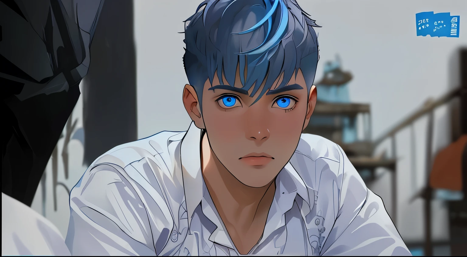 joven de cabelloplateado y ojos azules esta trsite y preocupado esta mirando a alguien