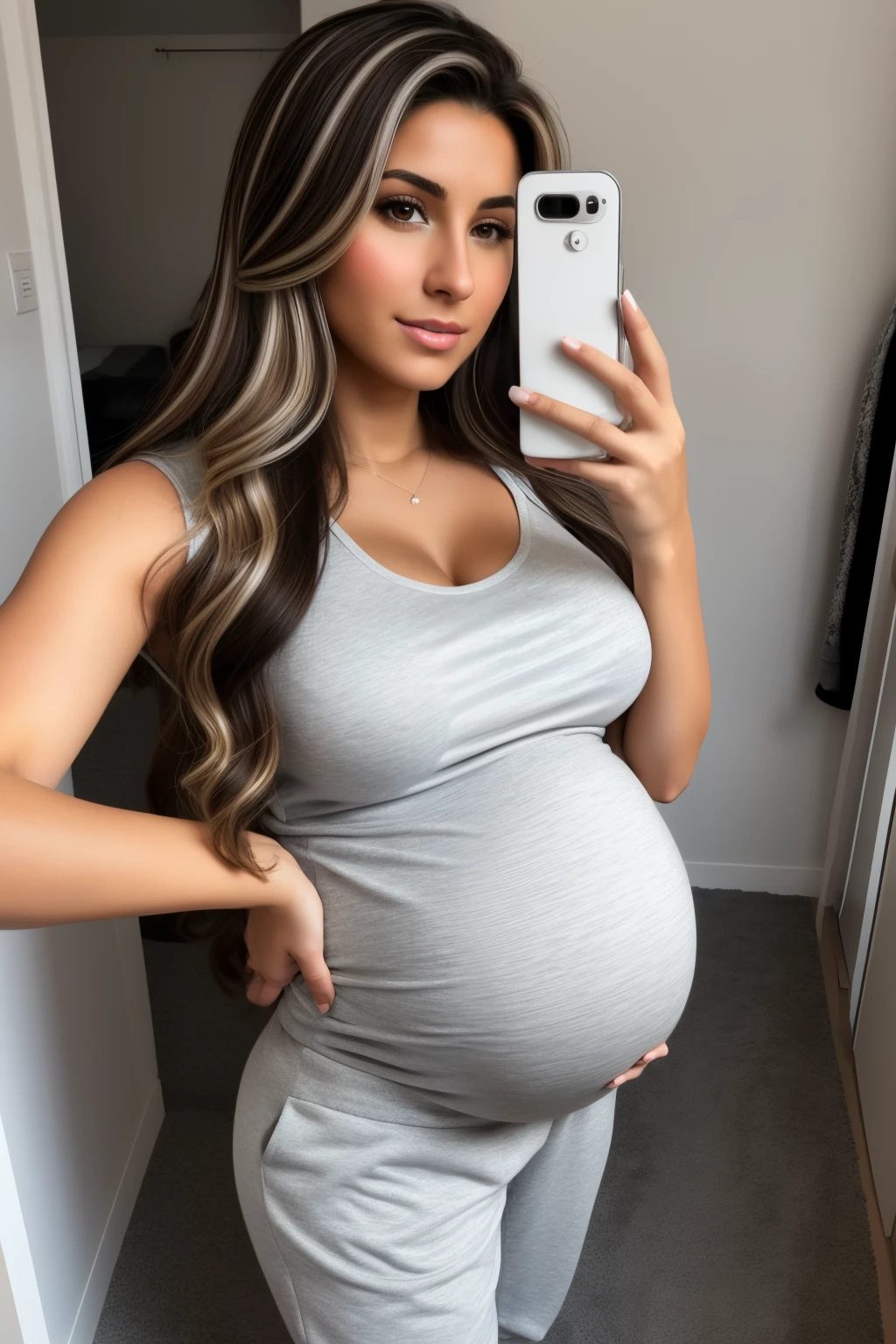 Arafed woman, brunette with blonde highlights, italian girl, brown eyes, 22 years old, super realistic, big , big ass, (huge pregnant), making a selfie with white top and grey sweatpants