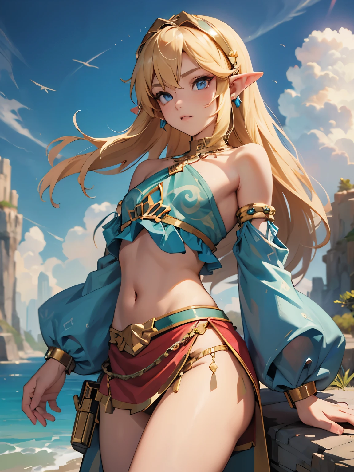 link,the legend of zelda,blonde hair,blue eyes,covering mouth,femboy,girly,gold (metal),gold jewelry,jewelry,looking at viewer,midriff,outdoors,outside,pierced genitals,piercing,pointy ears,shiny skin,small penis,thick thighs