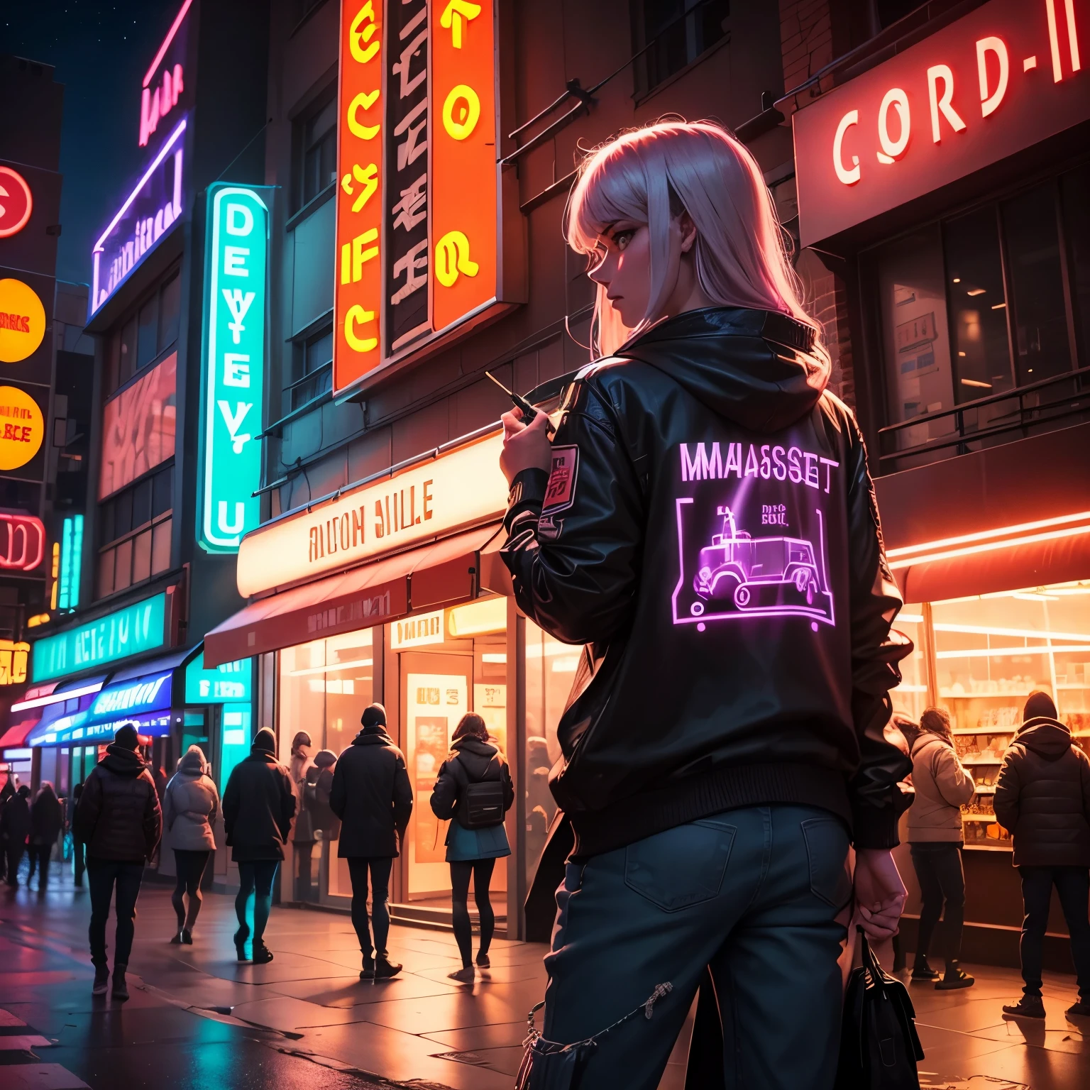 (masterpiece,best quality,ultra detailed,8k,)On the hill where you can see the cityscape with twinkling neon signs, breeze, neon signs are blinking, car headlights flowing, sunset slightly illuminates the edge of the mountain, almost at night, stars coming out from the other side of the sunset, landscape painting, dazzling neon signs, flashy neon signs, shops that can see the signs well even from a distance, neon signs imitating characters,