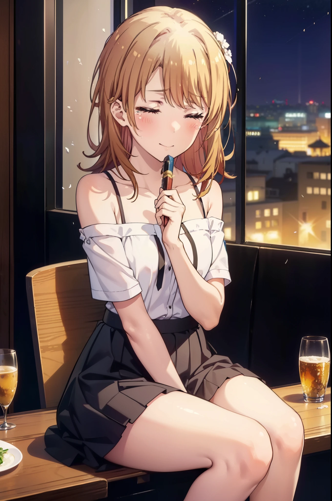 irohaisshiki, iroha isshiki, long hair, brown hair, smile,blush,open your mouth,close both eyes,tears run down her face,Crying with joy,cry a lot,white off shoulder dress,bare clavicle,bare shoulders,naked neck,long skirt,stiletto heels,A large cake and food are placed on the table.,sitting in a chair,confetti,ロマンチックな雰囲気
break indoors, A restaurant with a beautiful night view,
break looking at viewer,
break (masterpiece:1.2), highest quality, High resolution, unity 8k wallpaper, (figure:0.8),  highly detailed face, perfect lighting, Very detailed CG, (perfect hands, perfect anatomy),