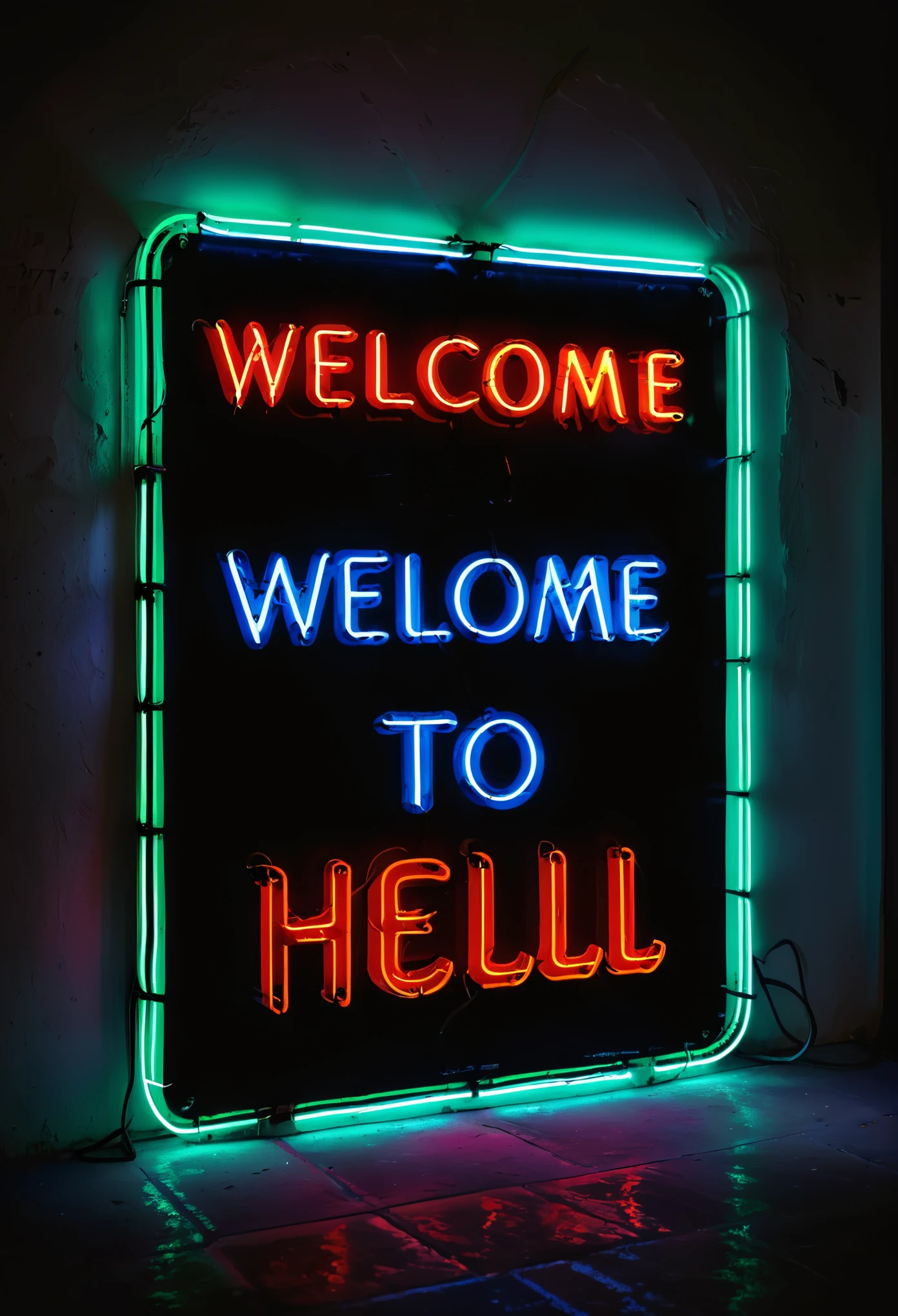 High Quality neon signboard, sign that says "Welcome to Hell" in italics, 